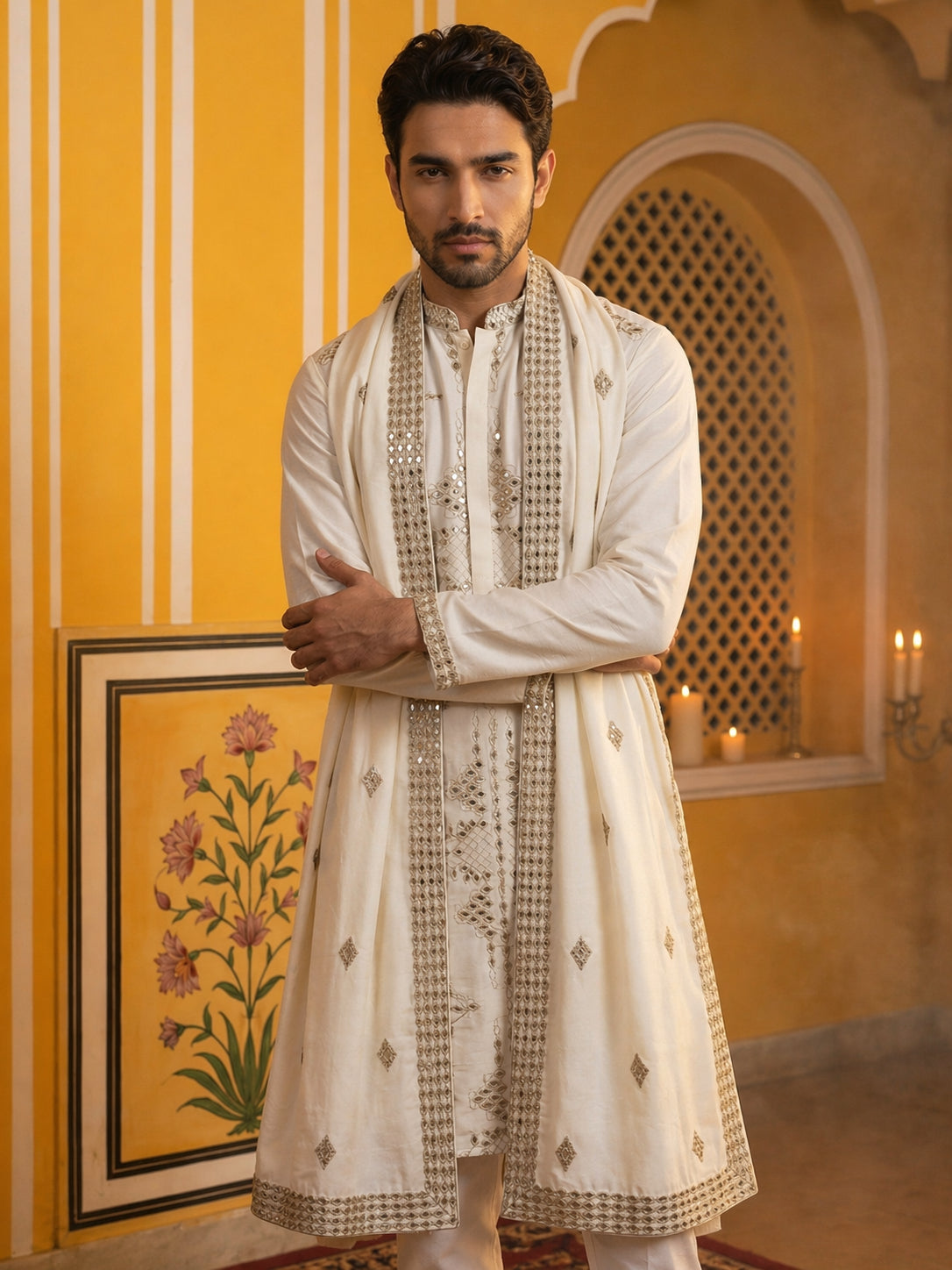Men’s Embroidered Kurta Pyjama with Dupatta Set ( 65KP P D 5540Cream )