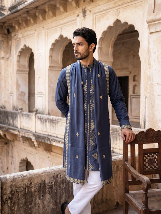 Men’s Embroidered Kurta Pyjama with Dupatta Set ( 65KP P D 5540Navy )