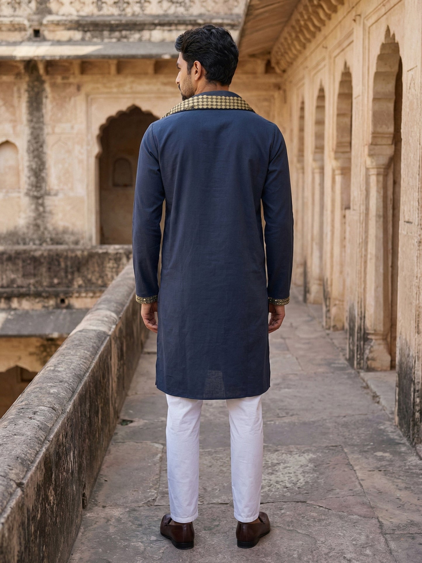 Men’s Embroidered Kurta Pyjama with Dupatta Set ( 65KP P D 5540Navy )