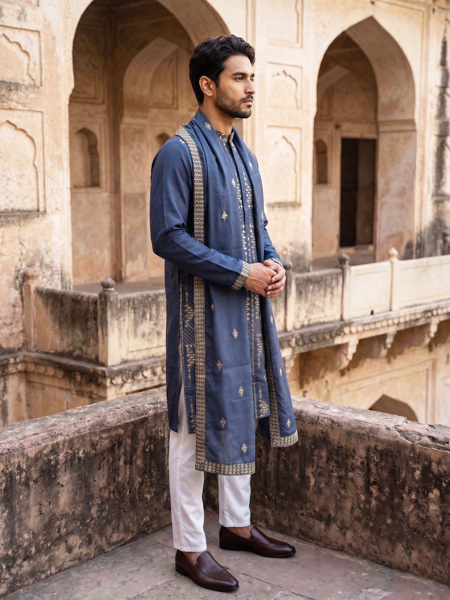 Men’s Embroidered Kurta Pyjama with Dupatta Set ( 65KP P D 5540Navy )