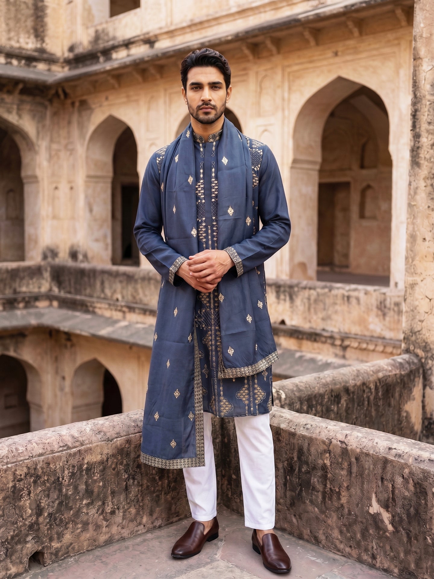 Men’s Embroidered Kurta Pyjama with Dupatta Set ( 65KP P D 5540Navy )