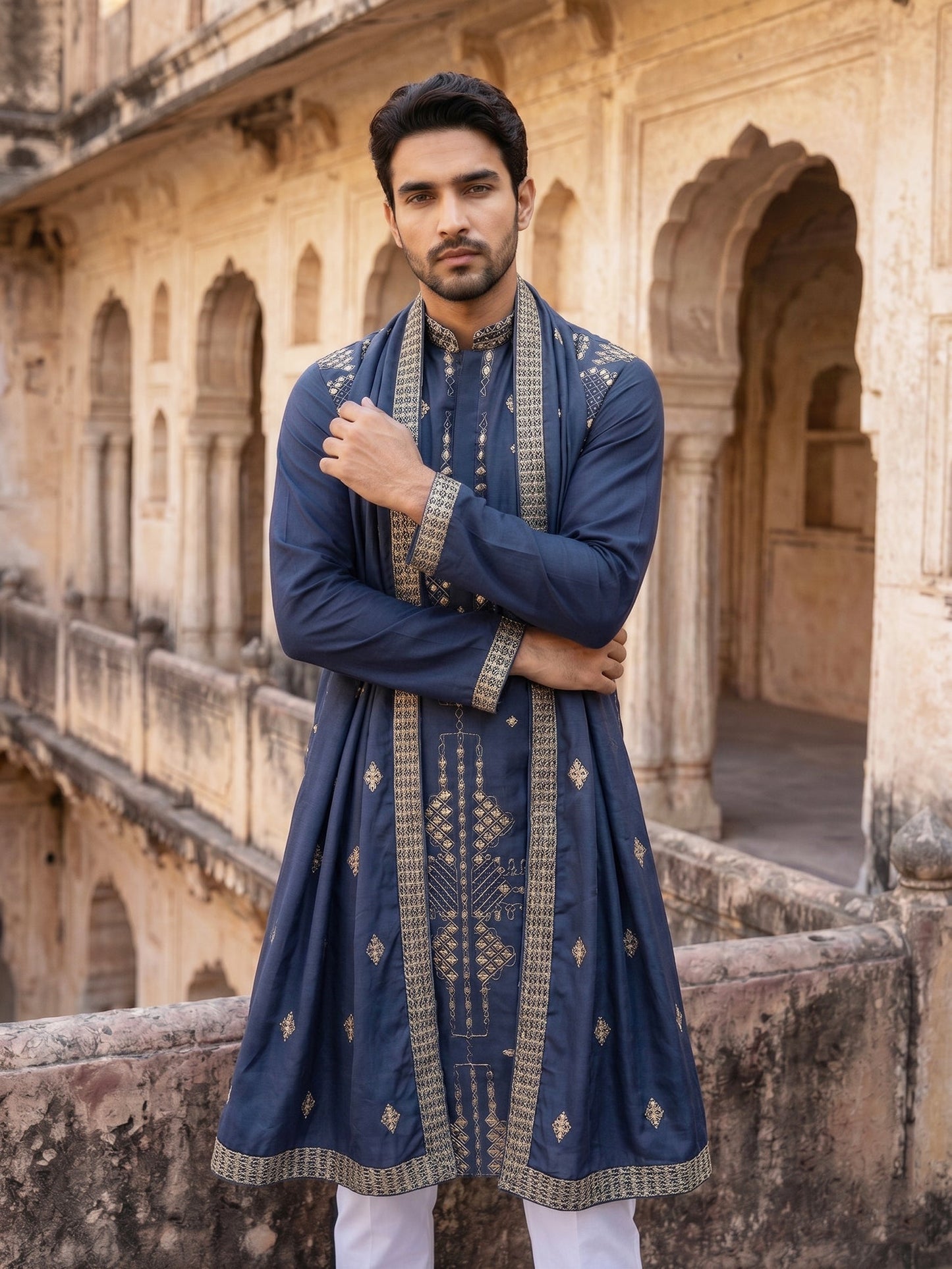 Men’s Embroidered Kurta Pyjama with Dupatta Set ( 65KP P D 5540Navy )