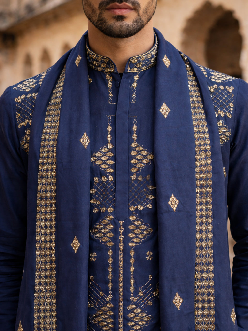 Men’s Embroidered Kurta Pyjama with Dupatta Set ( 65KP P D 5540Navy )
