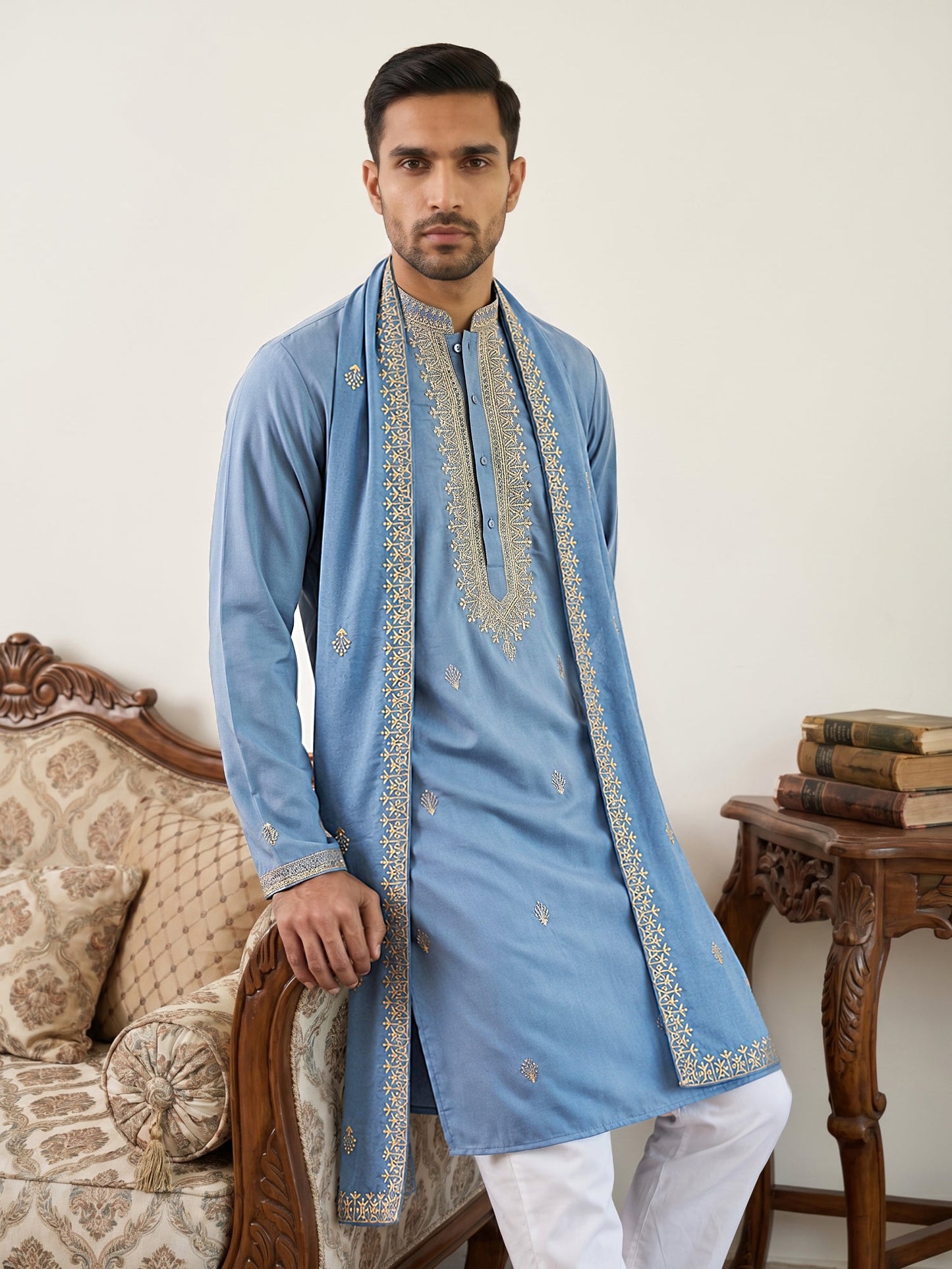 Men’s Traditional Thread Embroidered Kurta Set & Dupatta ( 65KP D 5549Blue )