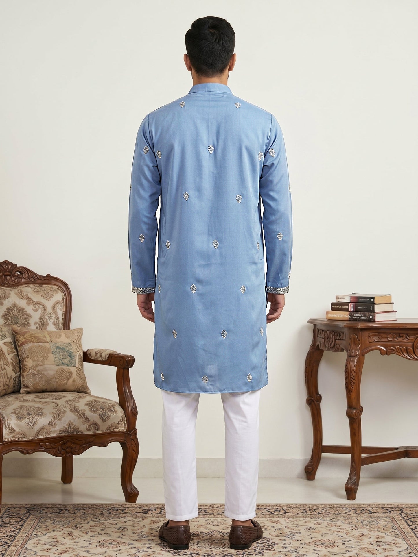 Men’s Traditional Thread Embroidered Kurta Set & Dupatta ( 65KP D 5549Blue )