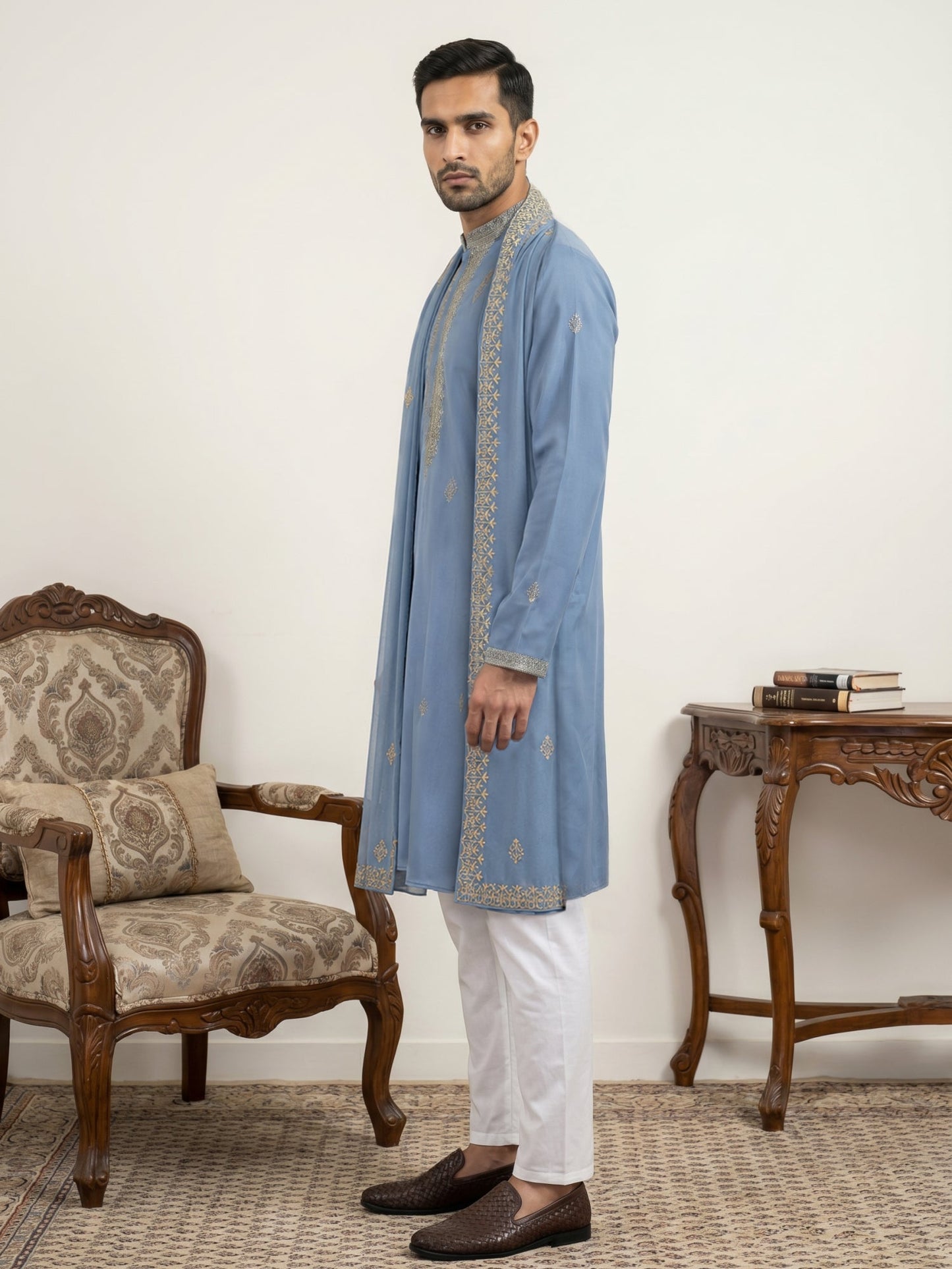 Men’s Traditional Thread Embroidered Kurta Set & Dupatta ( 65KP D 5549Blue )