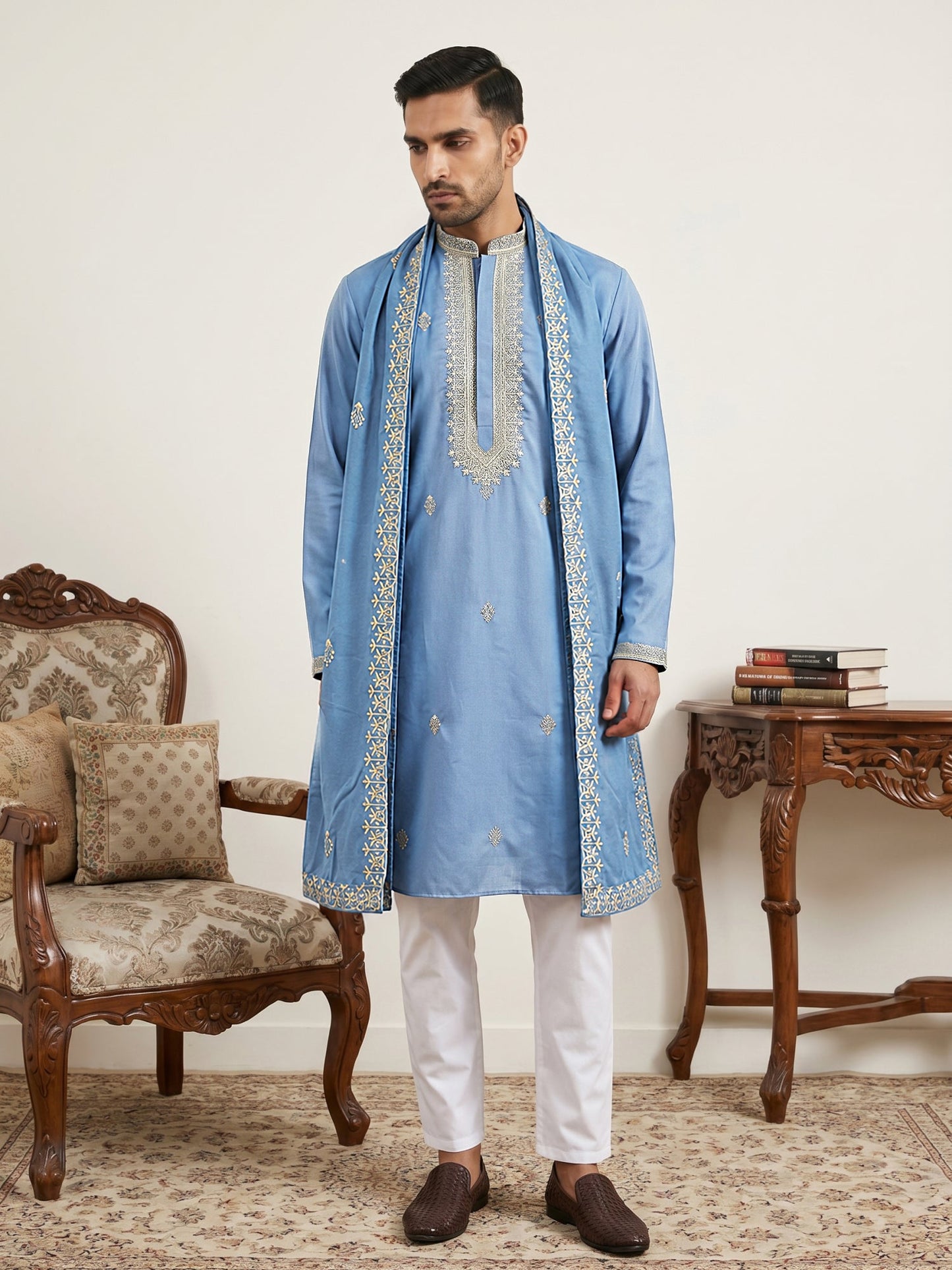 Men’s Traditional Thread Embroidered Kurta Set & Dupatta ( 65KP D 5549Blue )