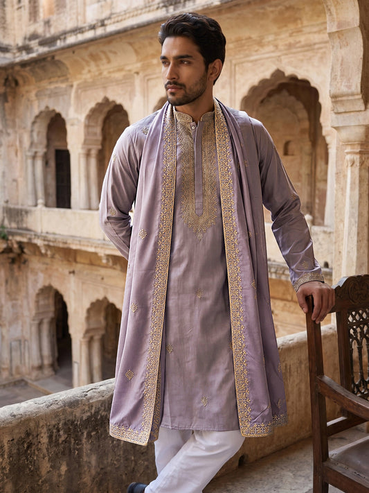 Men’s Traditional Thread Embroidered Kurta Set & Dupatta ( 65KP D 5549Purple )
