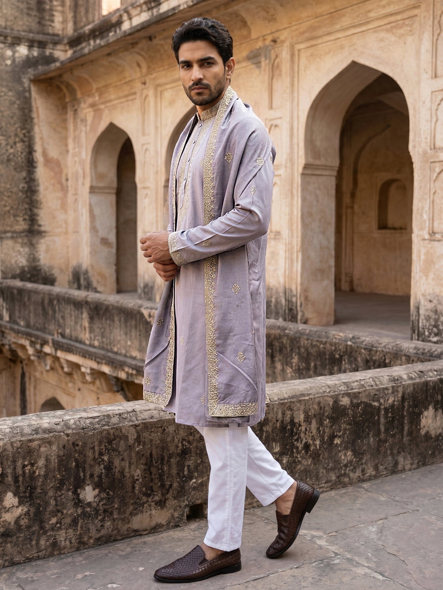 Men’s Traditional Thread Embroidered Kurta Set & Dupatta ( 65KP D 5549Purple )