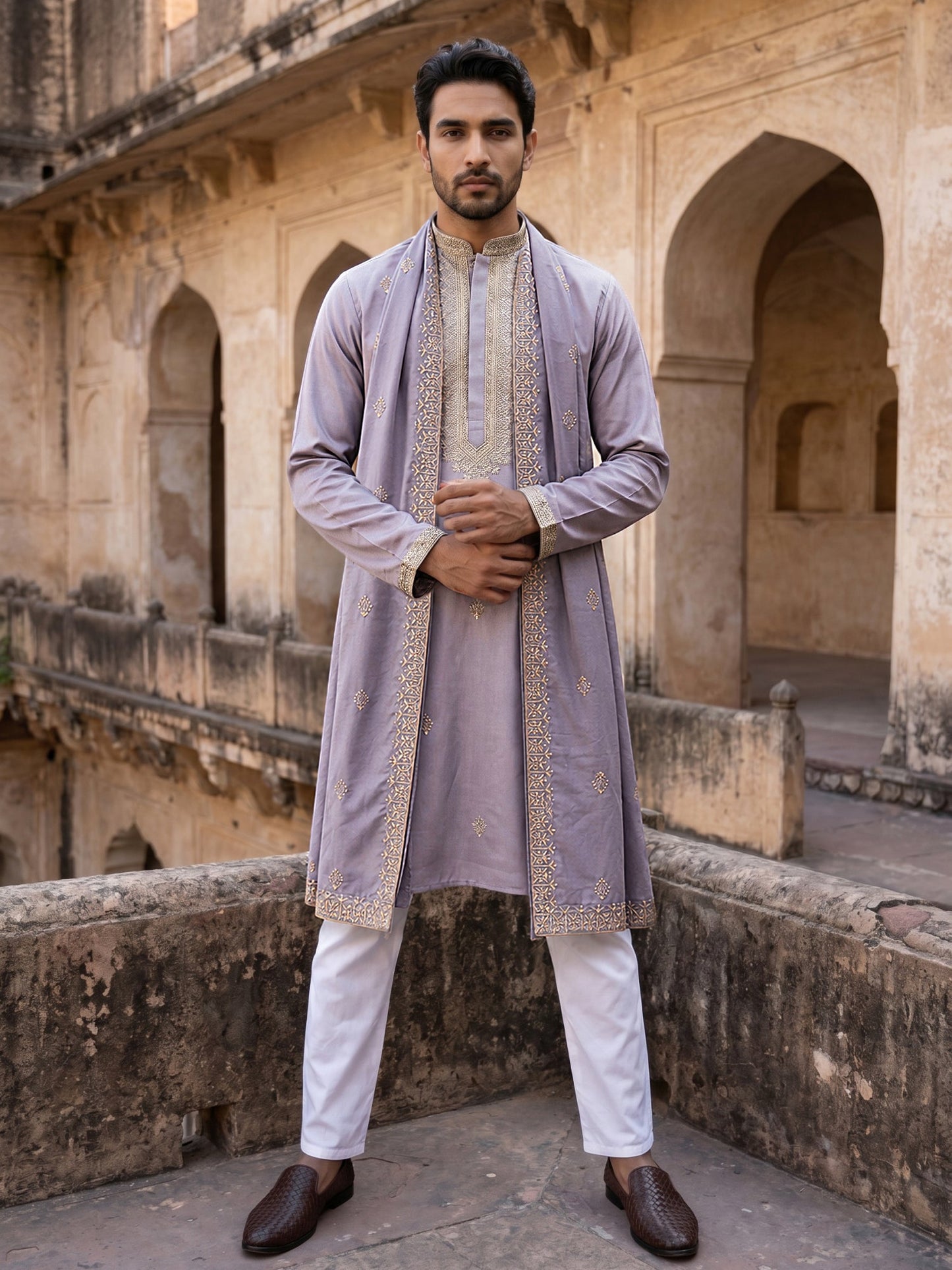 Men’s Traditional Thread Embroidered Kurta Set & Dupatta ( 65KP D 5549Purple )