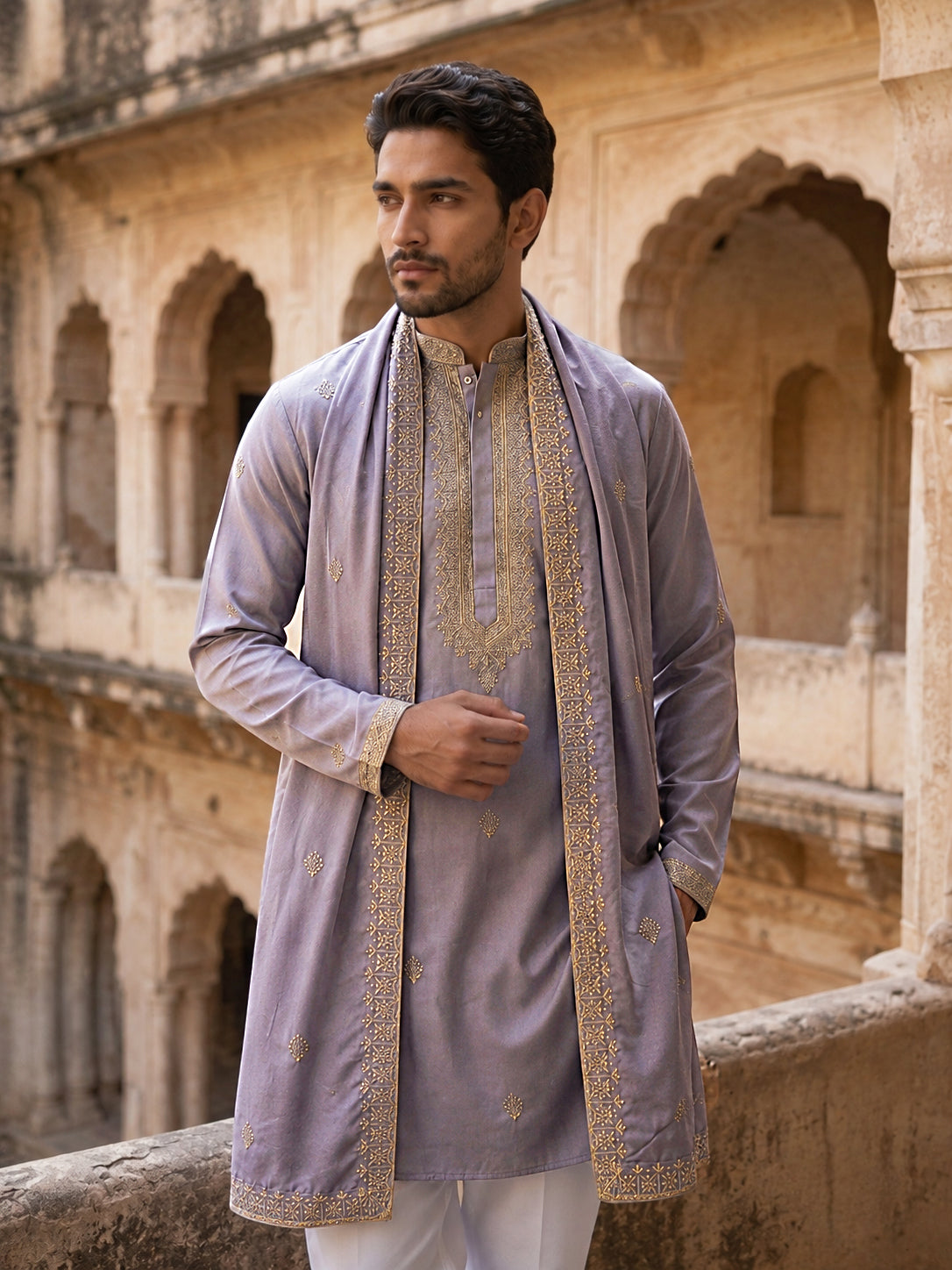 Men’s Traditional Thread Embroidered Kurta Set & Dupatta ( 65KP D 5549Purple )