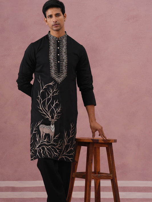 Men Ethnic Embroidered Kurta Set (65KP PJ11B 5342 Black )