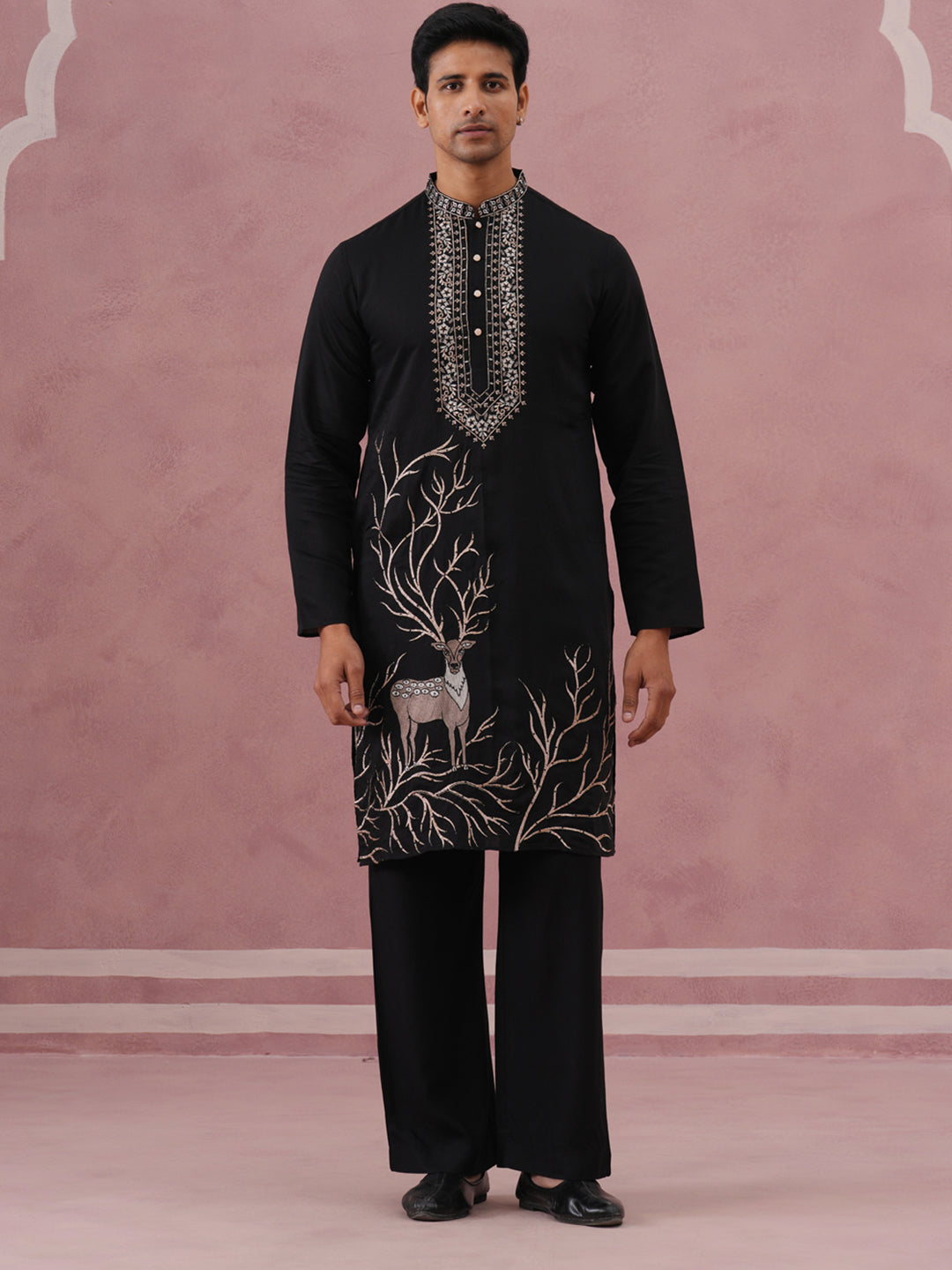 Men Ethnic Embroidered Kurta Set (65KP PJ11B 5342 Black )