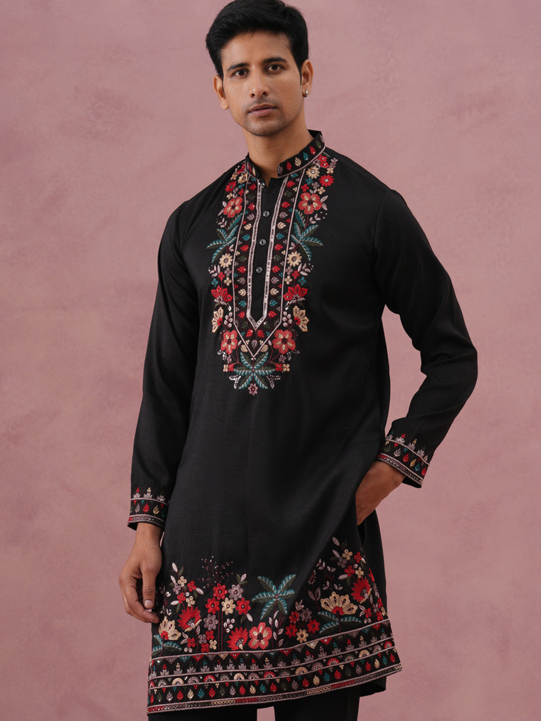 Floral Embroidered Silk Blend Kurta Set (65KP PJ11B 5356 Black )