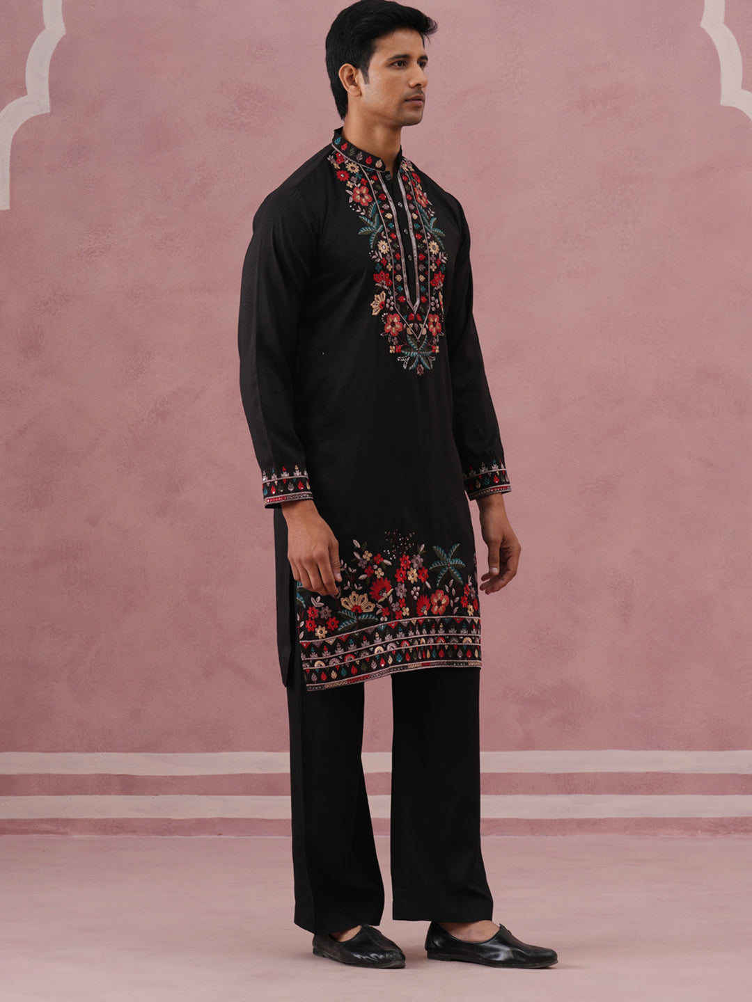 Floral Embroidered Silk Blend Kurta Set (65KP PJ11B 5356 Black )