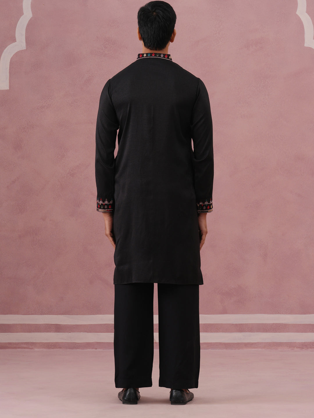 Floral Embroidered Silk Blend Kurta Set (65KP PJ11B 5356 Black )