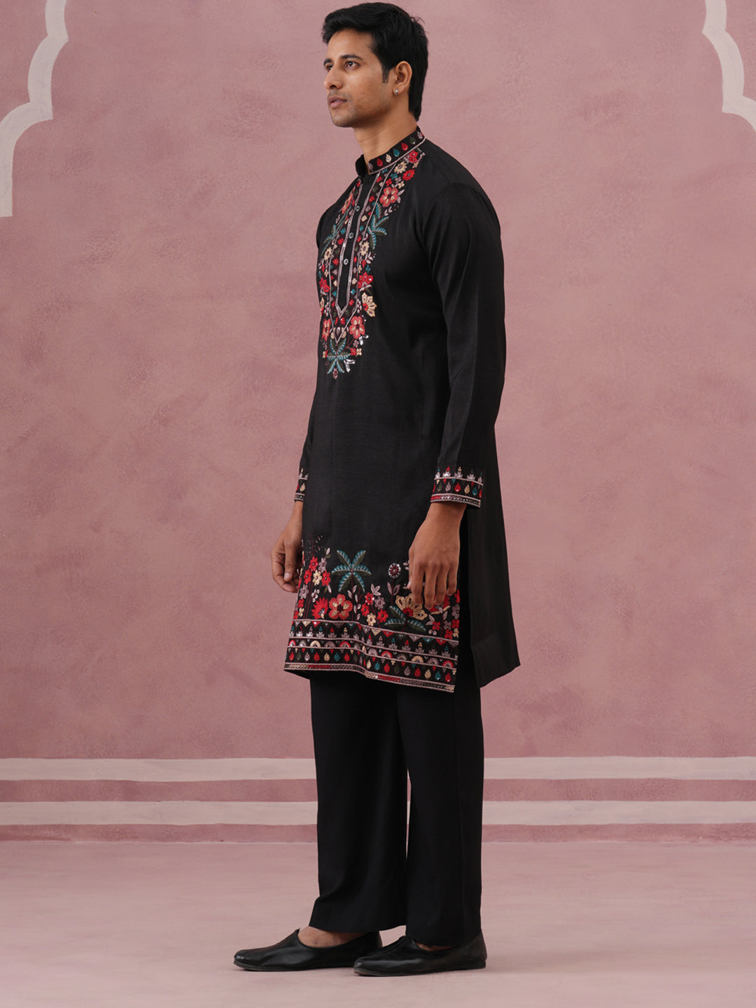 Floral Embroidered Silk Blend Kurta Set (65KP PJ11B 5356 Black )
