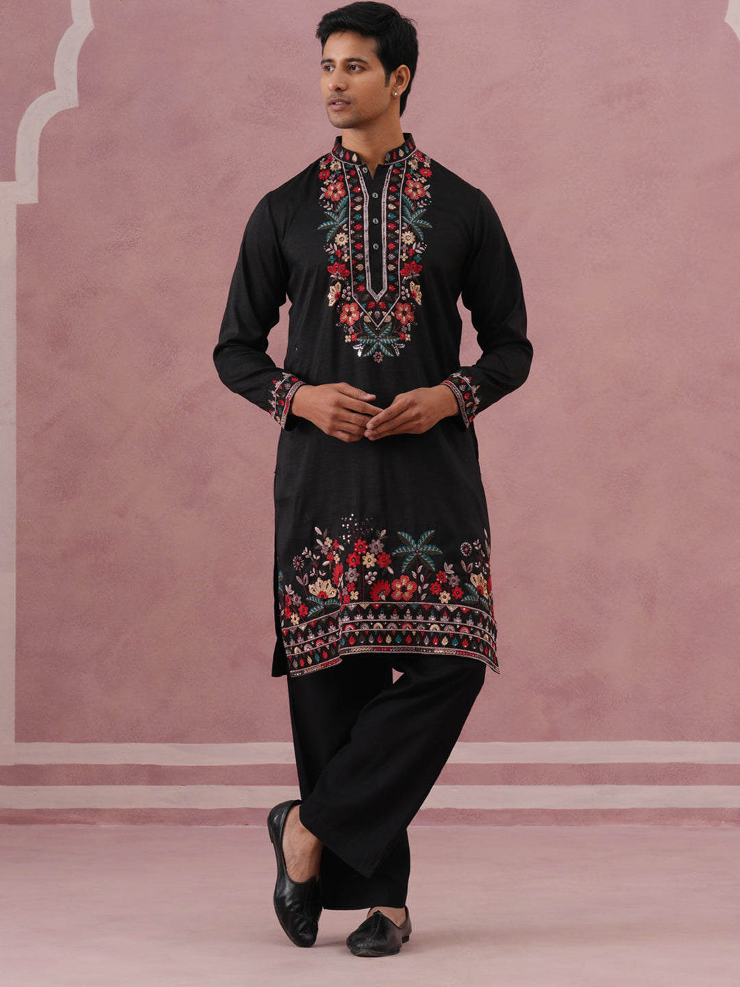 Floral Embroidered Silk Blend Kurta Set (65KP PJ11B 5356 Black )