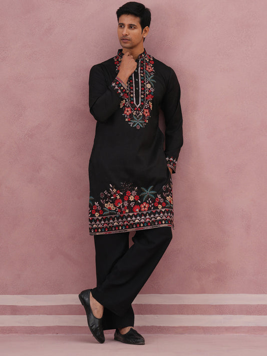 Floral Embroidered Silk Blend Kurta Set (65KP PJ11B 5356 Black )