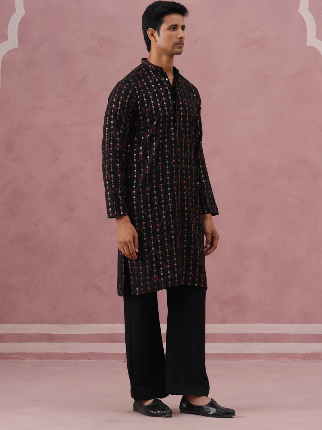 Silk Blend Embroidered Kurta Pyjama Set for Men (65KP PJ11B 5372 Black )
