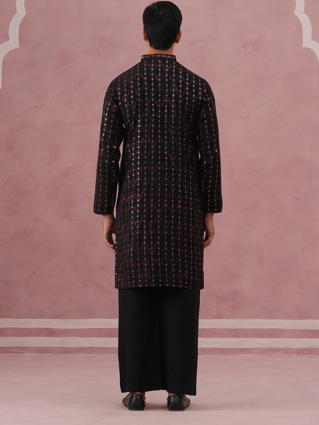 Silk Blend Embroidered Kurta Pyjama Set for Men (65KP PJ11B 5372 Black )