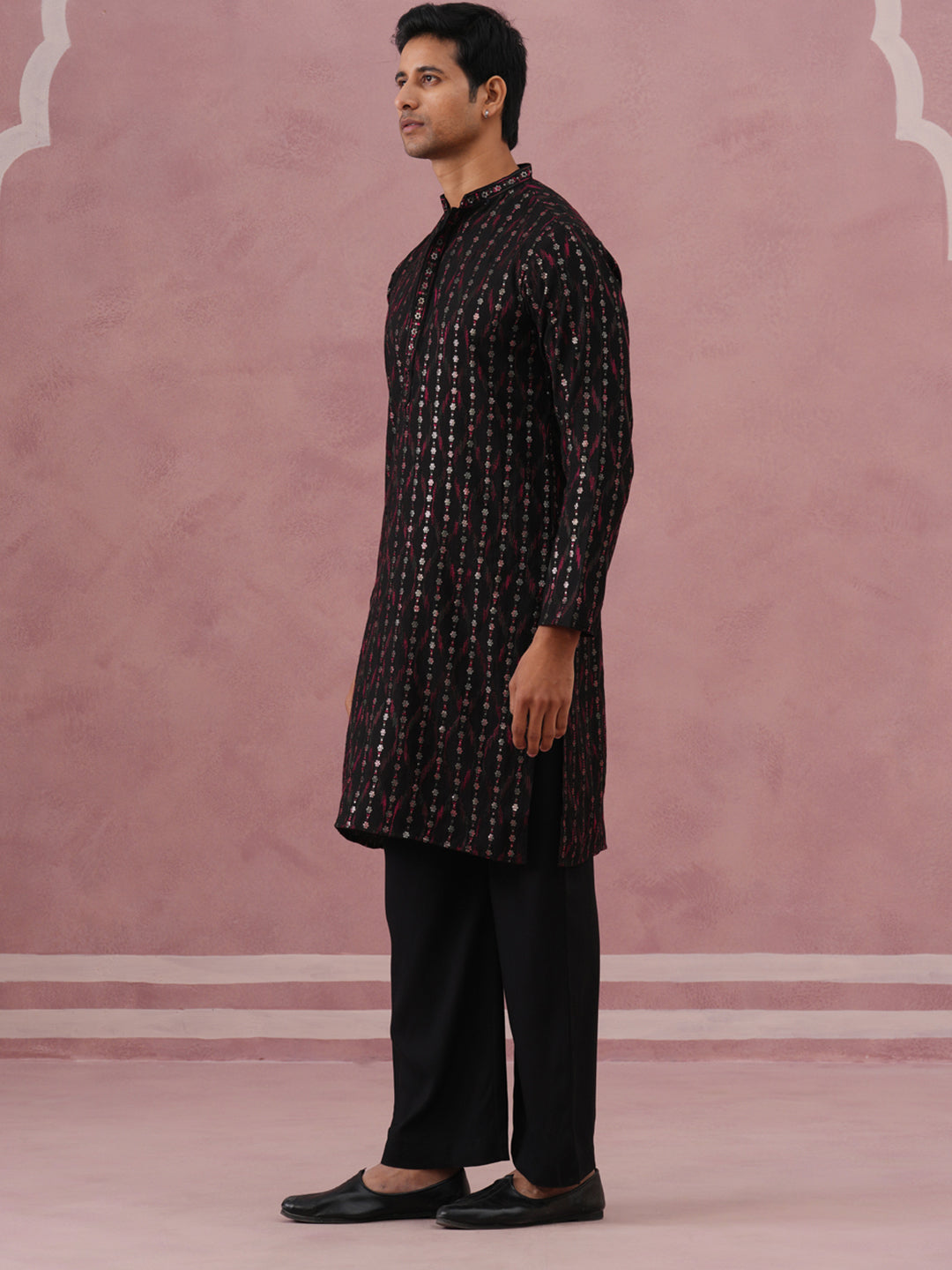 Silk Blend Embroidered Kurta Pyjama Set for Men (65KP PJ11B 5372 Black )