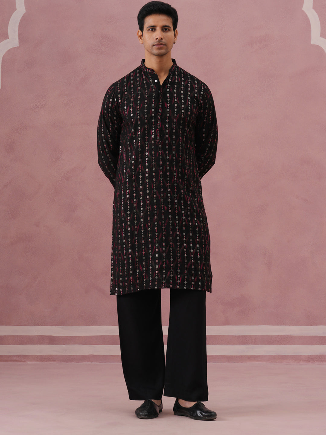 Silk Blend Embroidered Kurta Pyjama Set for Men (65KP PJ11B 5372 Black )