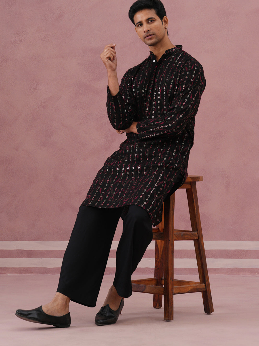Silk Blend Embroidered Kurta Pyjama Set for Men (65KP PJ11B 5372 Black )