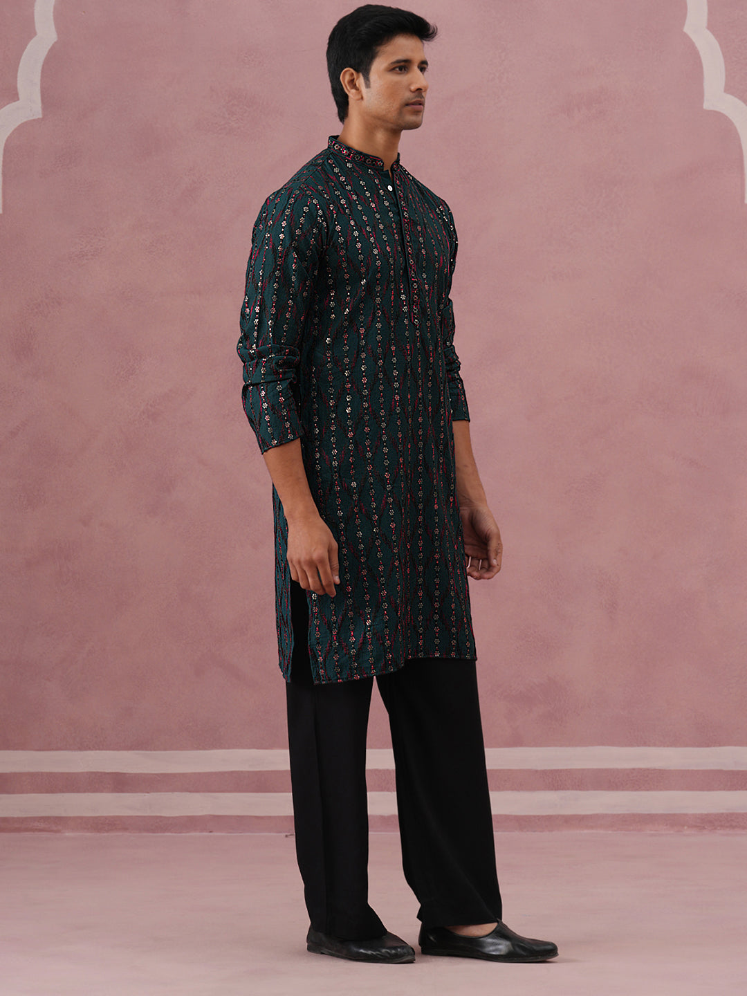 Silk Blend Embroidered Kurta Pyjama Set for Men ( 65KP PJ11B 5372 PJ11B 5372Olive )