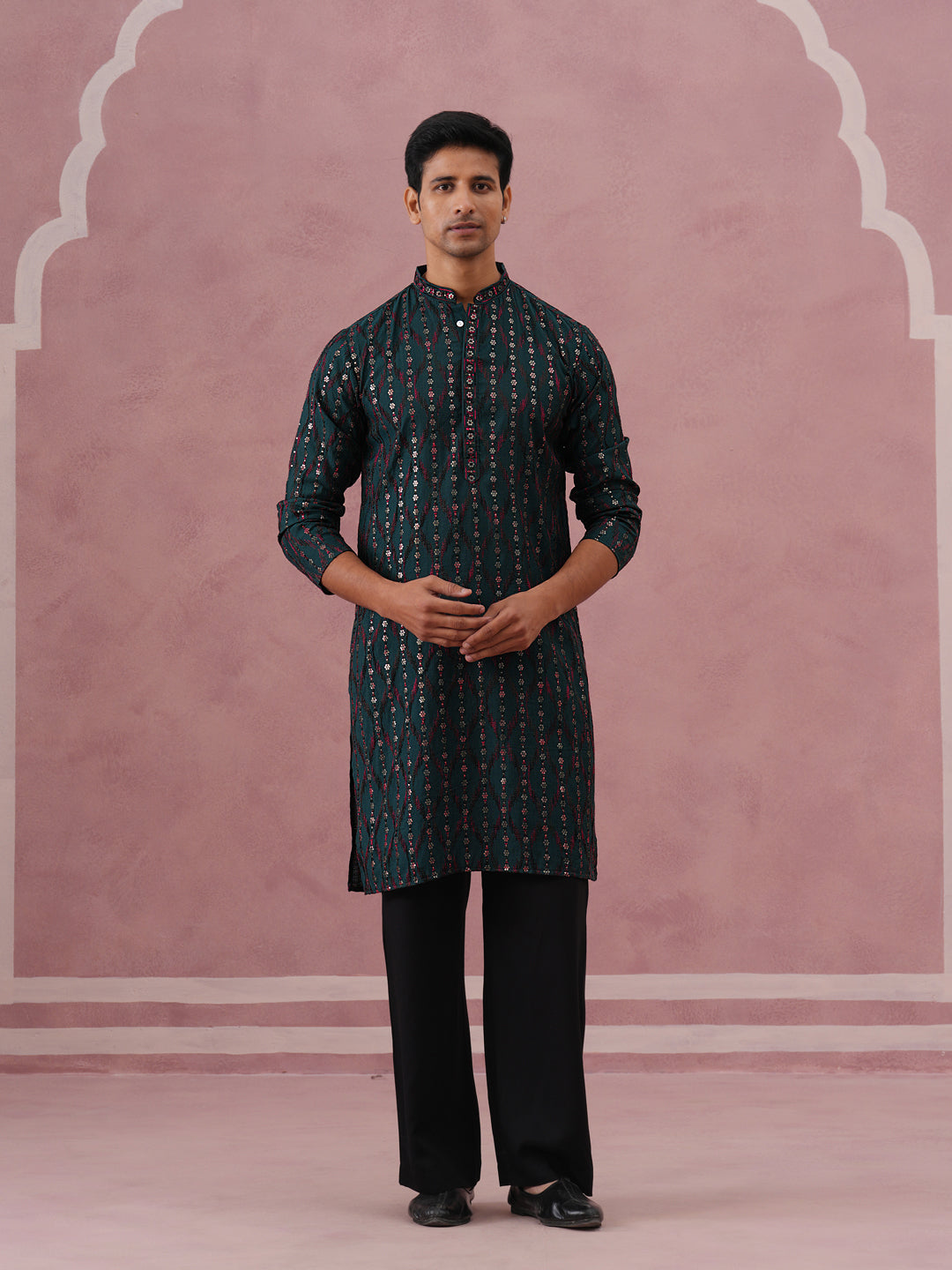Silk Blend Embroidered Kurta Pyjama Set for Men ( 65KP PJ11B 5372 PJ11B 5372Olive )