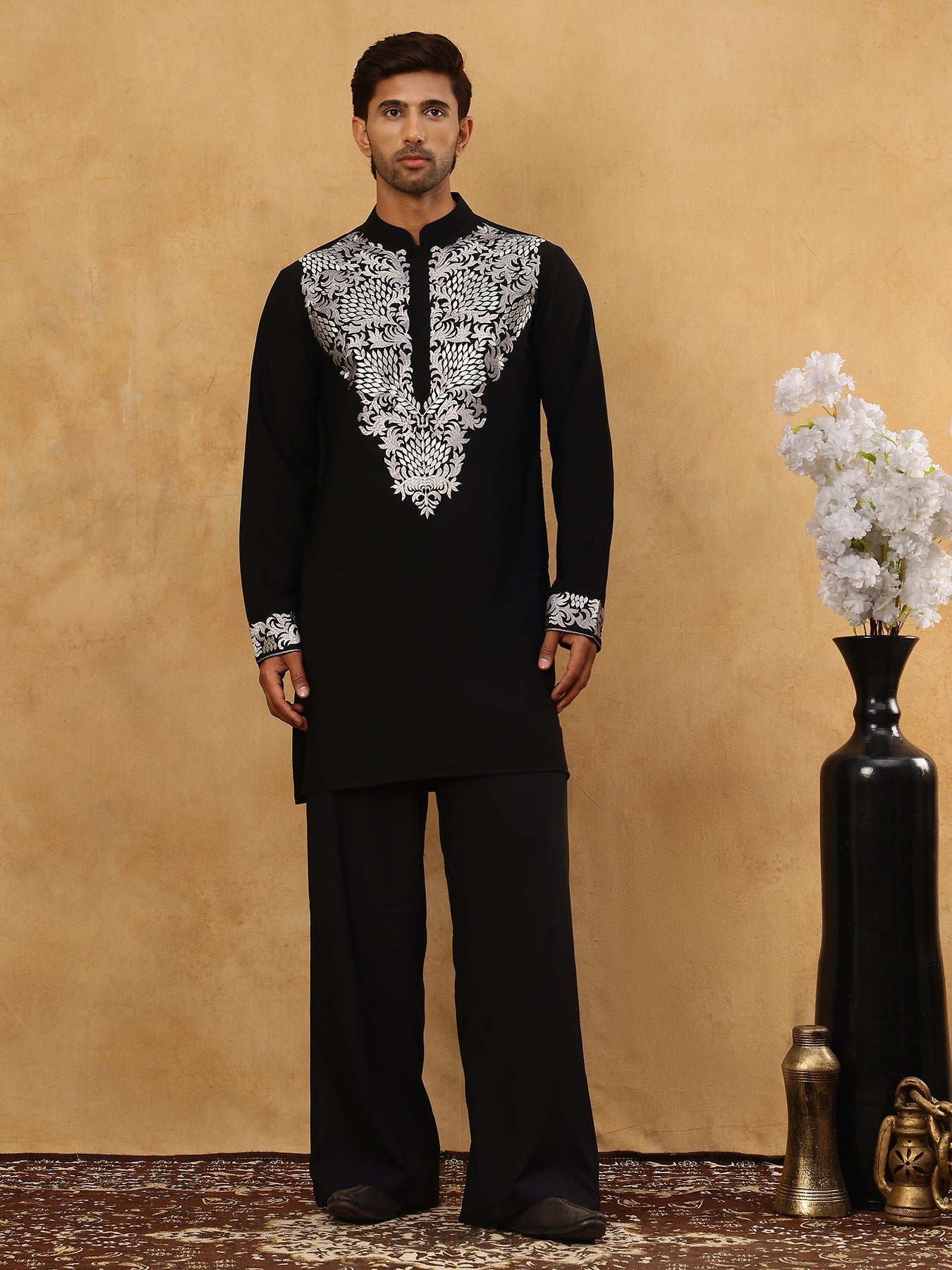Japanese Fabric Embroidered Kurta Pyjama ( 65KP PJ11B 5453Black )