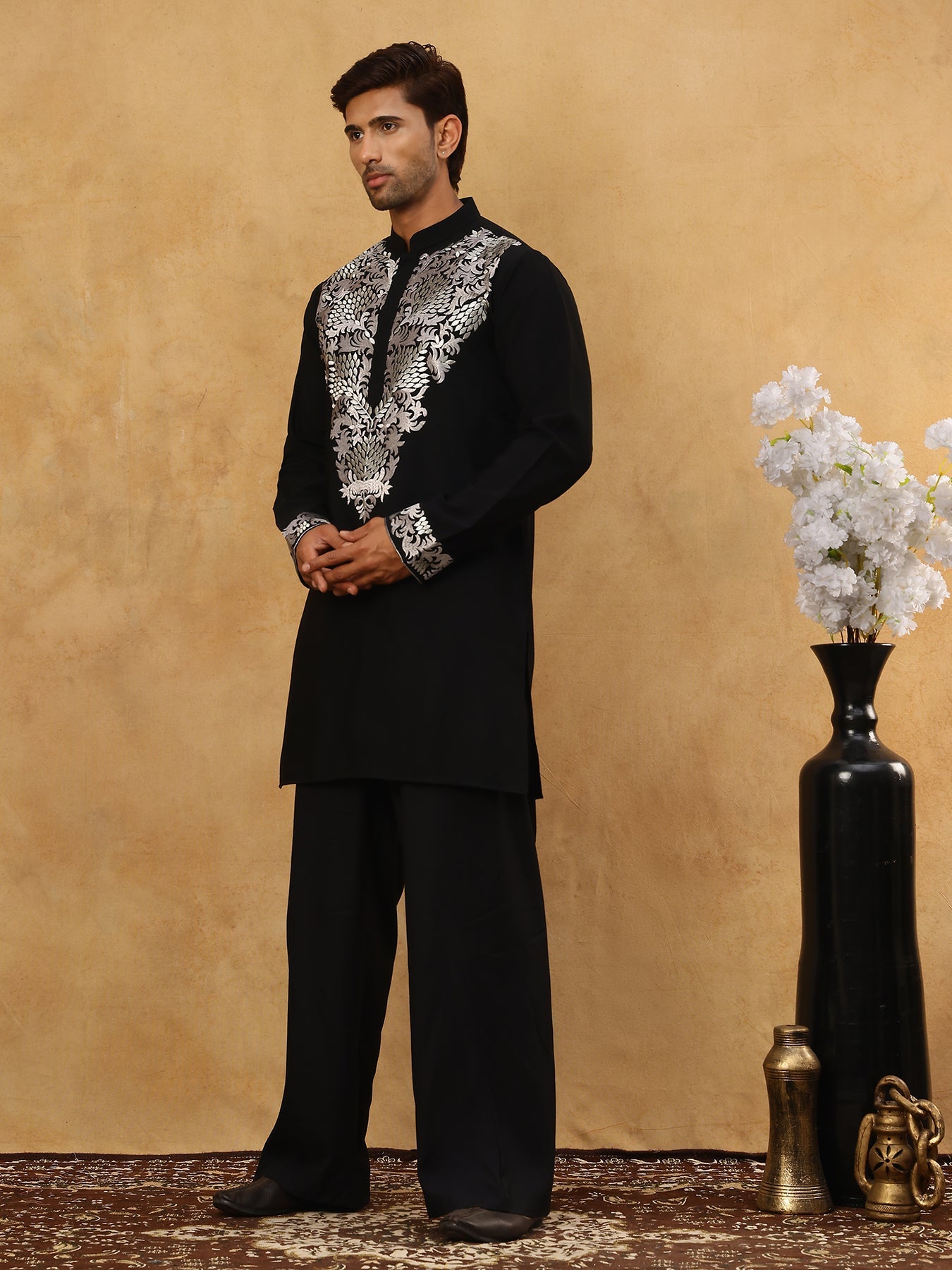 Japanese Fabric Embroidered Kurta Pyjama ( 65KP PJ11B 5453Black )