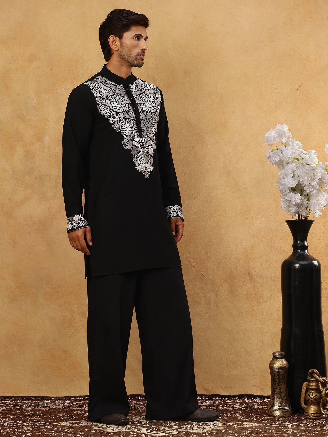 Japanese Fabric Embroidered Kurta Pyjama ( 65KP PJ11B 5453Black )