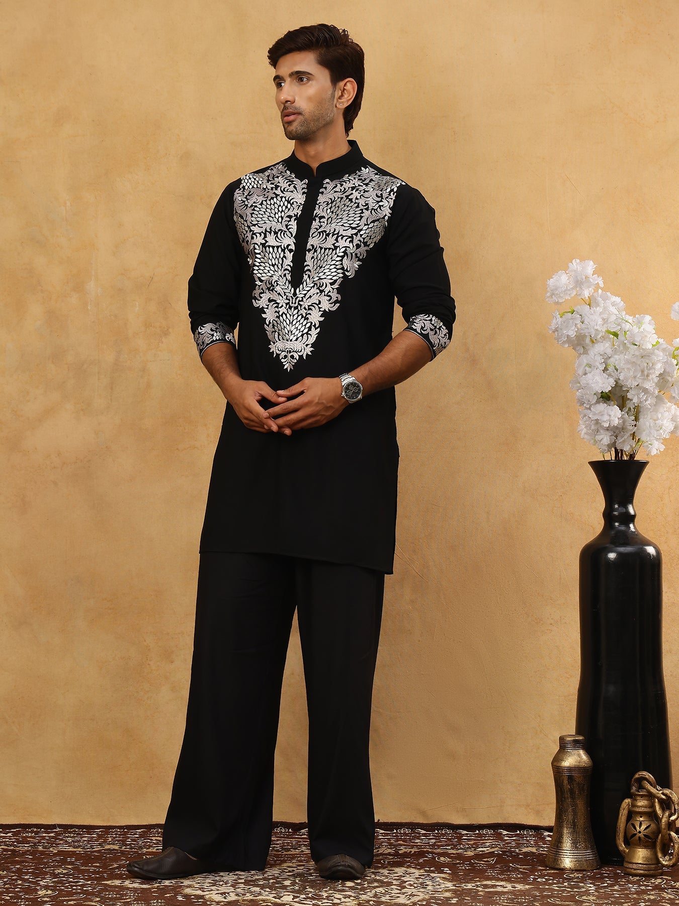Japanese Fabric Embroidered Kurta Pyjama ( 65KP PJ11B 5453Black )