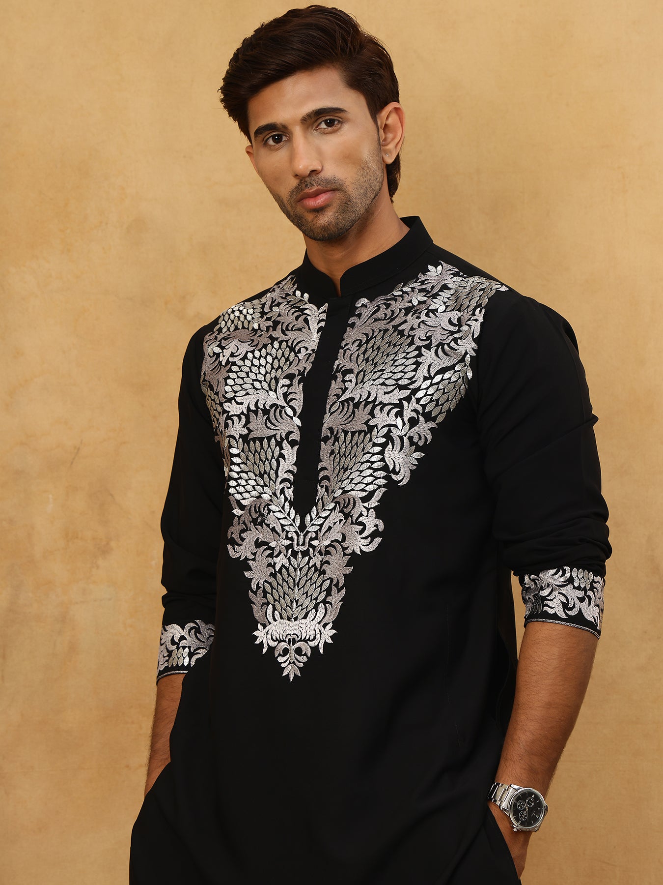 Japanese Fabric Embroidered Kurta Pyjama ( 65KP PJ11B 5453Black )