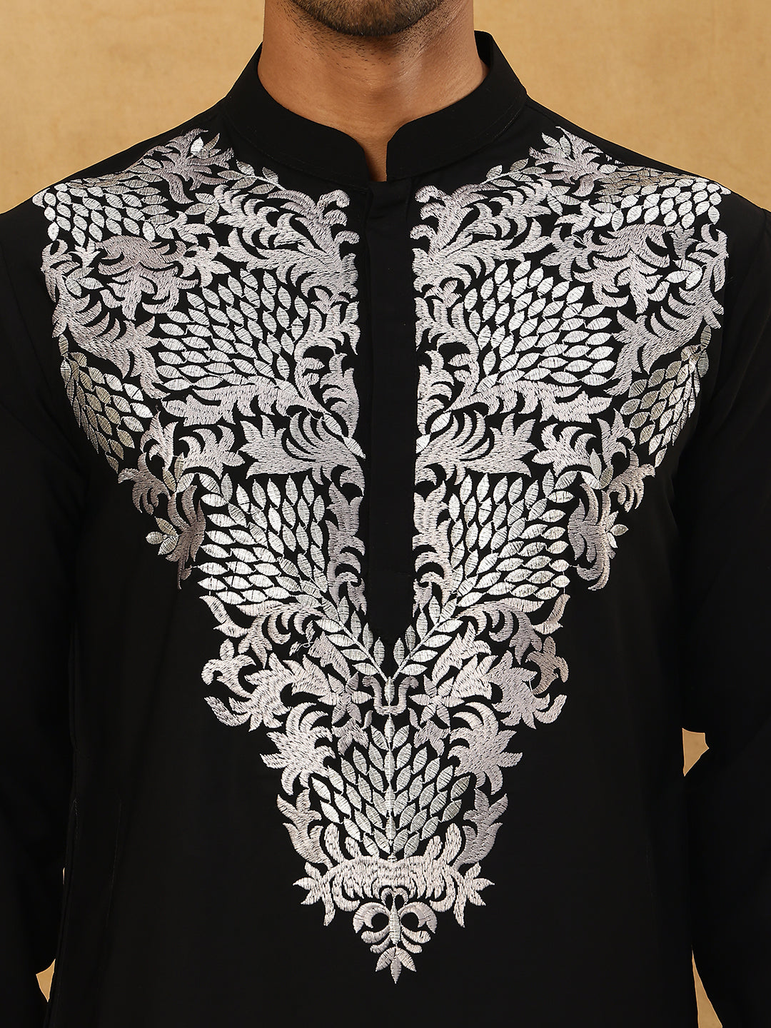 Japanese Fabric Embroidered Kurta Pyjama ( 65KP PJ11B 5453Black )