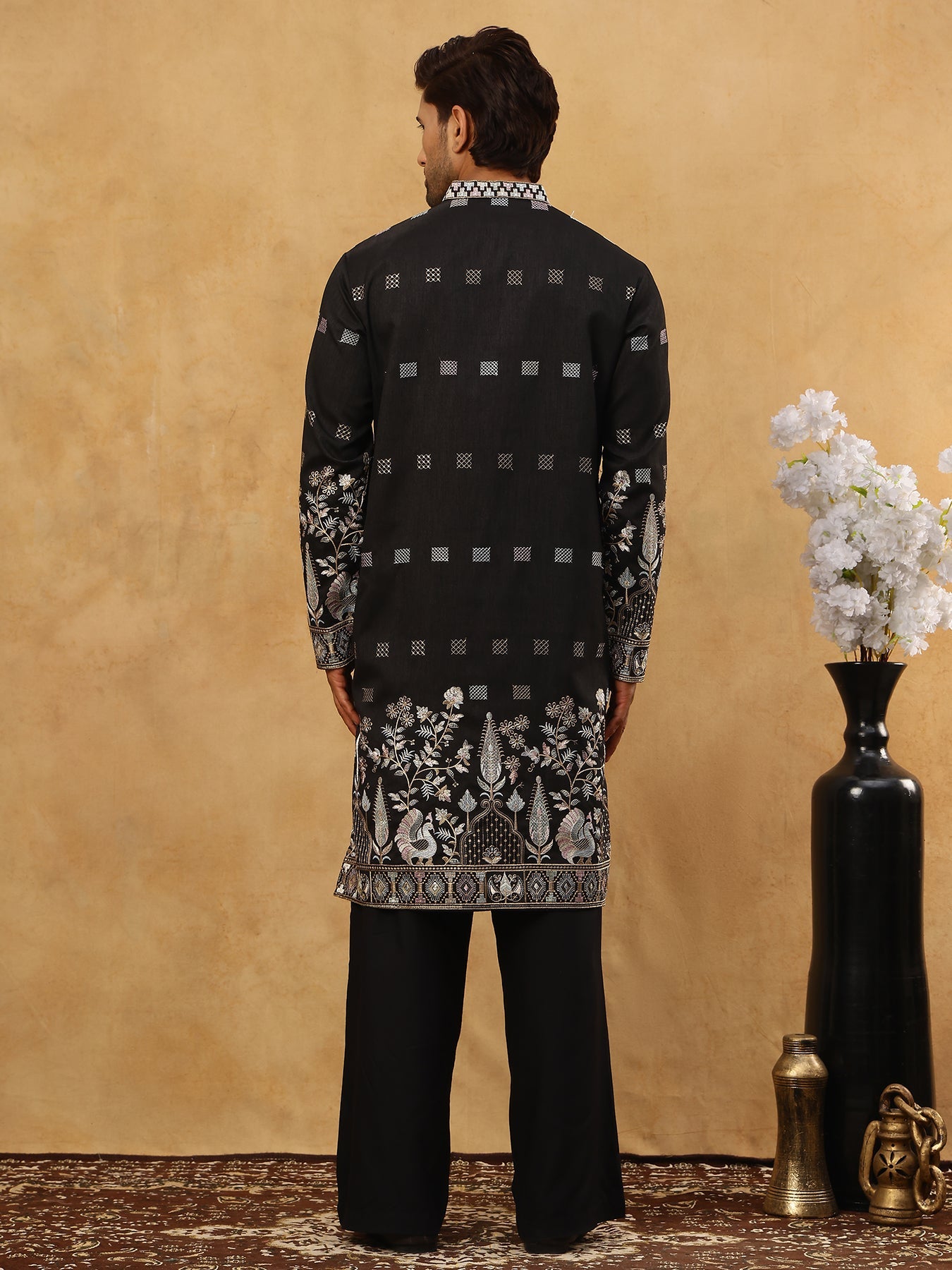 Men Silk Blend Embroidered Kurta Pyjama Set ( 65KP PJ11B 5458Black )