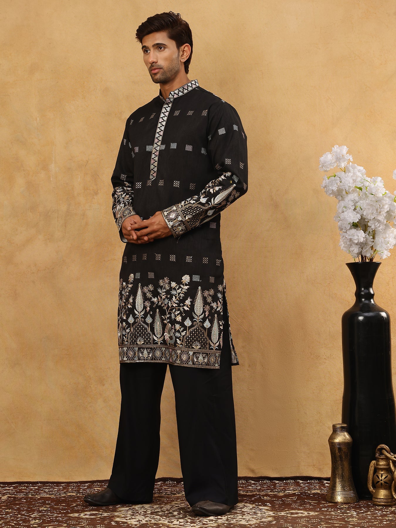 Men Silk Blend Embroidered Kurta Pyjama Set ( 65KP PJ11B 5458Black )