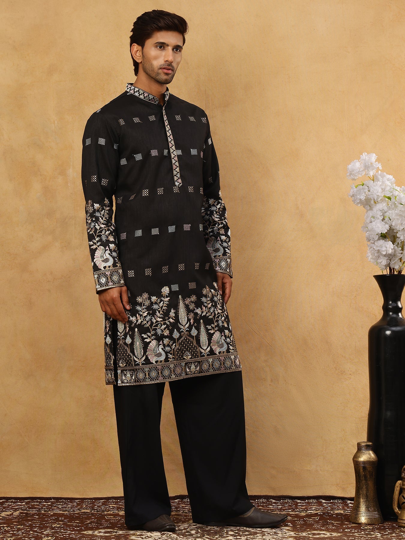 Men Silk Blend Embroidered Kurta Pyjama Set ( 65KP PJ11B 5458Black )
