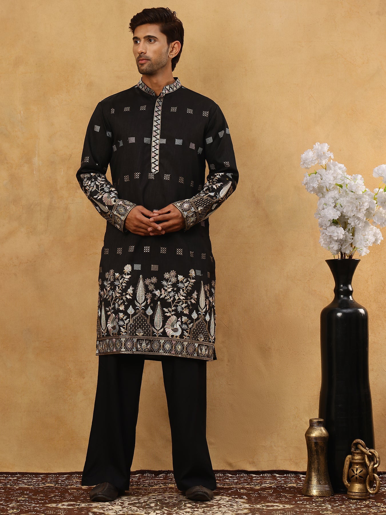Men Silk Blend Embroidered Kurta Pyjama Set ( 65KP PJ11B 5458Black )