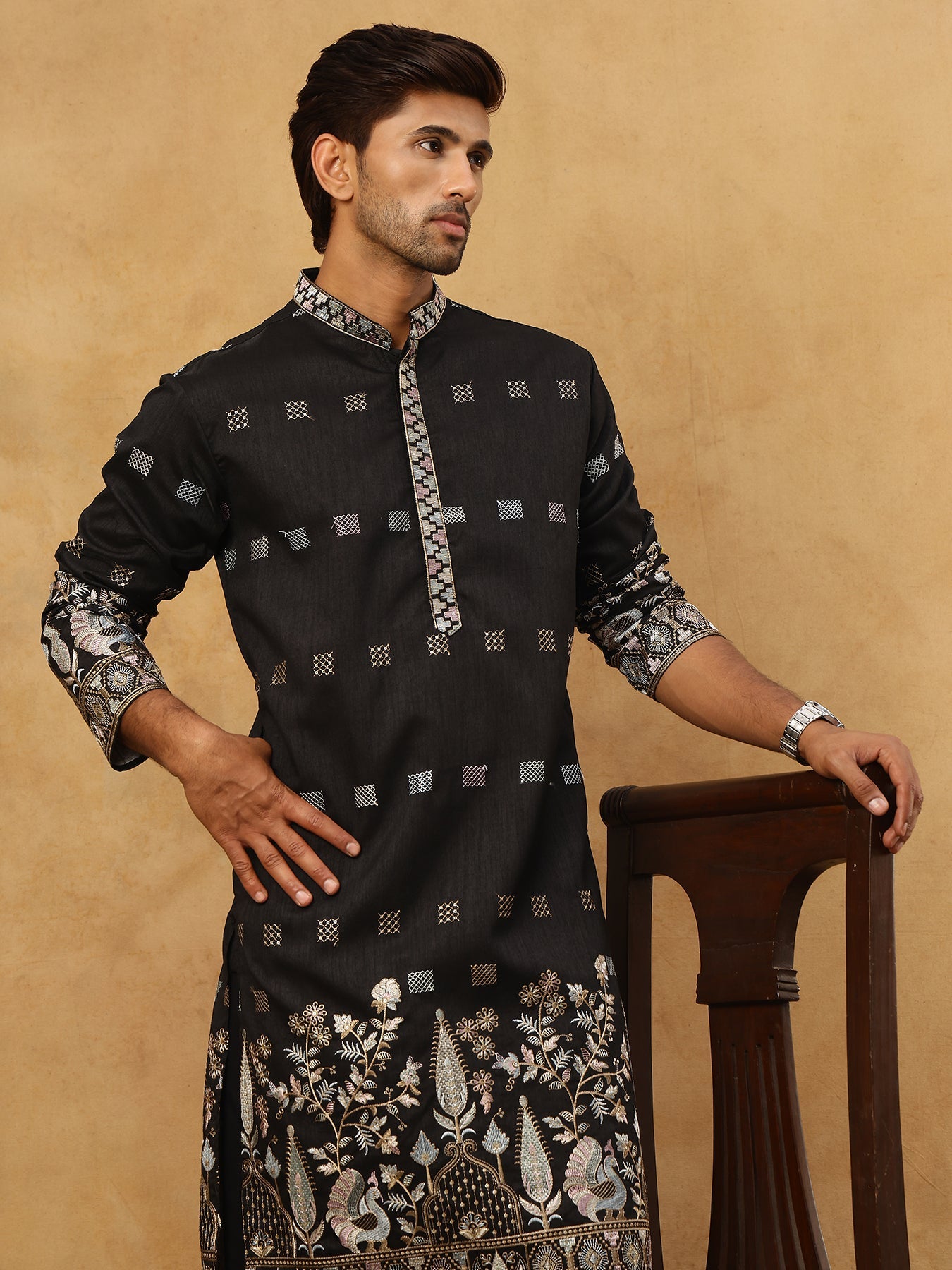 Men Silk Blend Embroidered Kurta Pyjama Set ( 65KP PJ11B 5458Black )