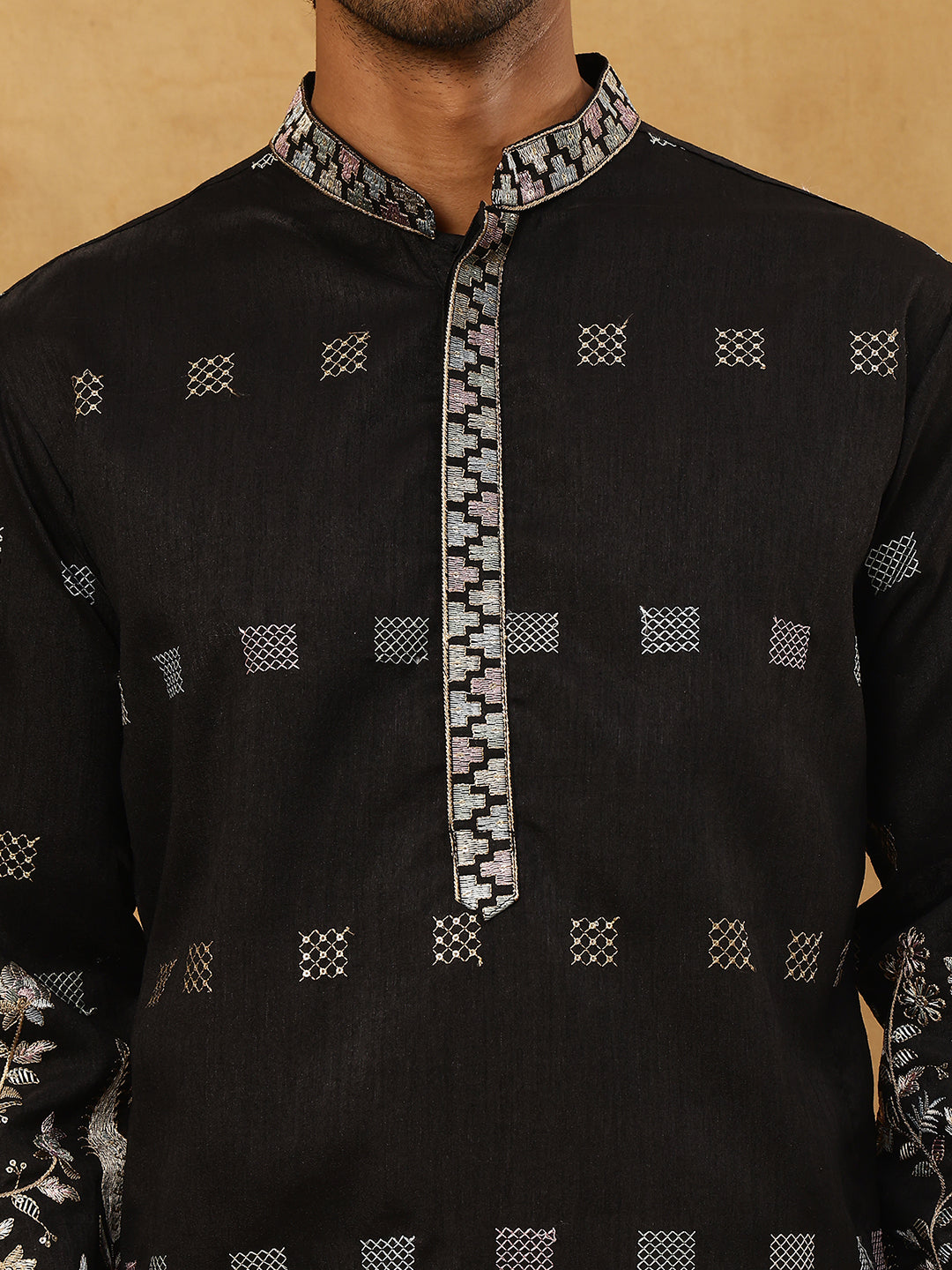 Men Silk Blend Embroidered Kurta Pyjama Set ( 65KP PJ11B 5458Black )