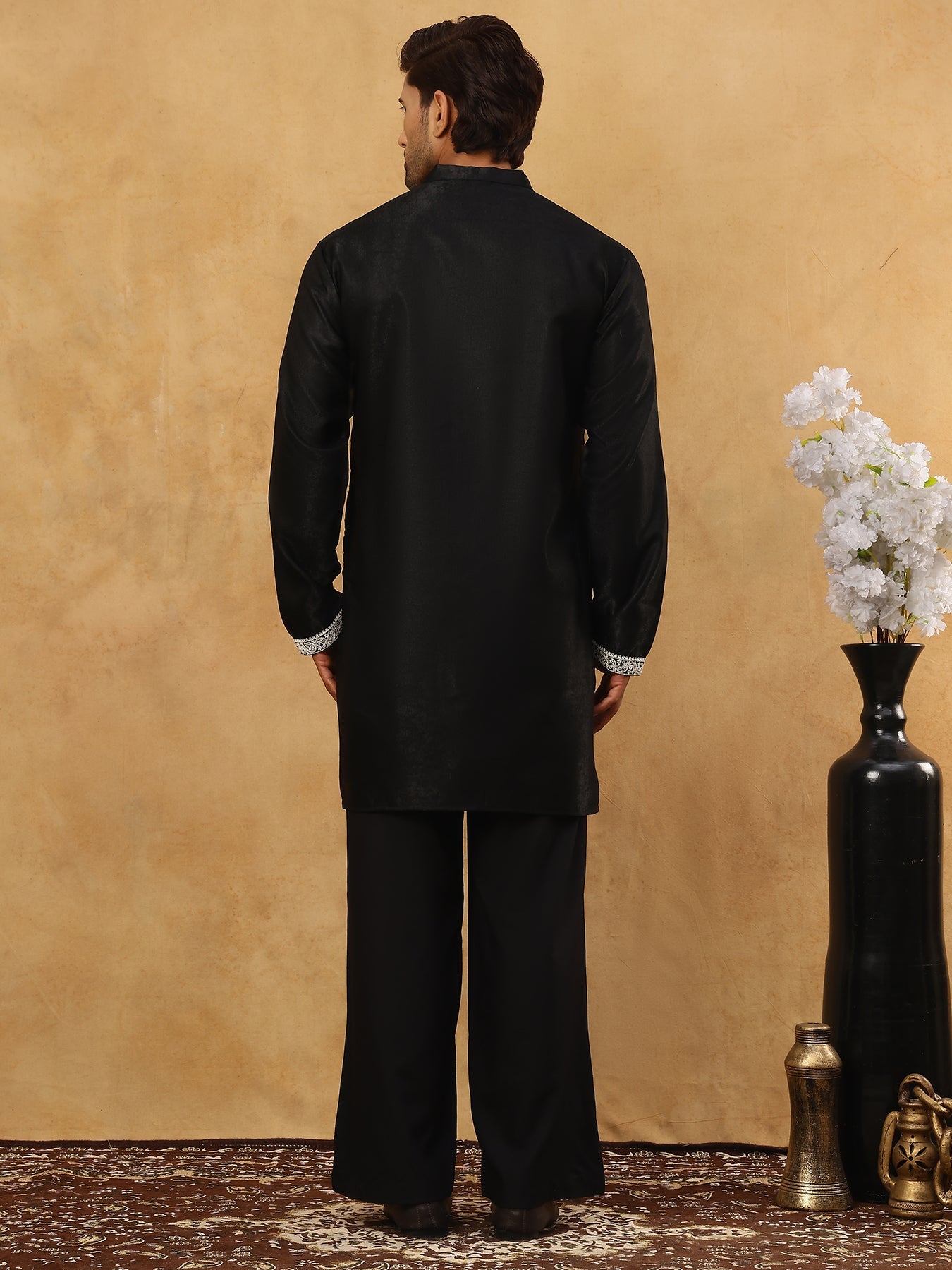 Silk Blend Embroidered Kurta Pyjama Set ( 65KP PJ11B 5465Black )