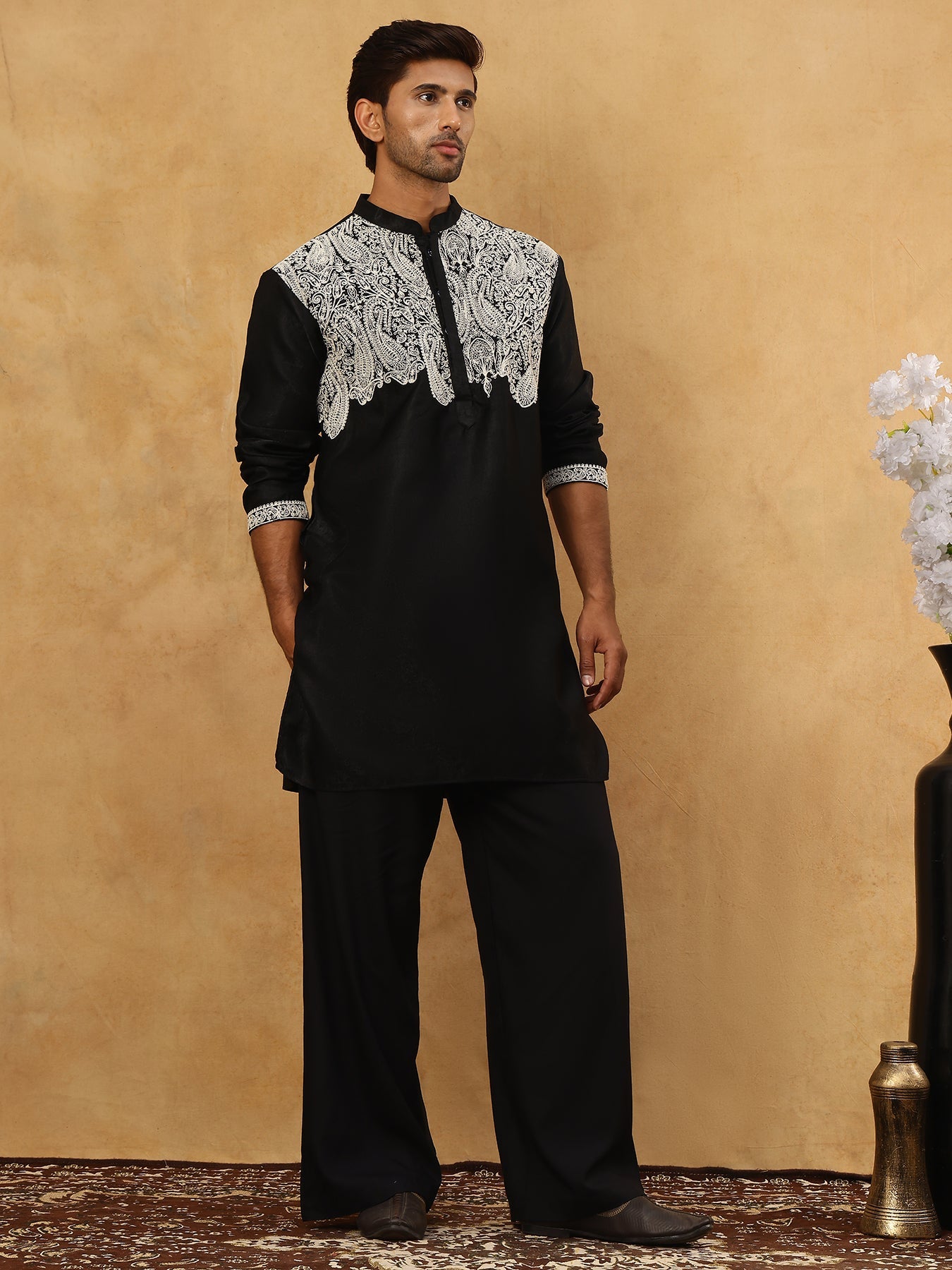 Silk Blend Embroidered Kurta Pyjama Set ( 65KP PJ11B 5465Black )