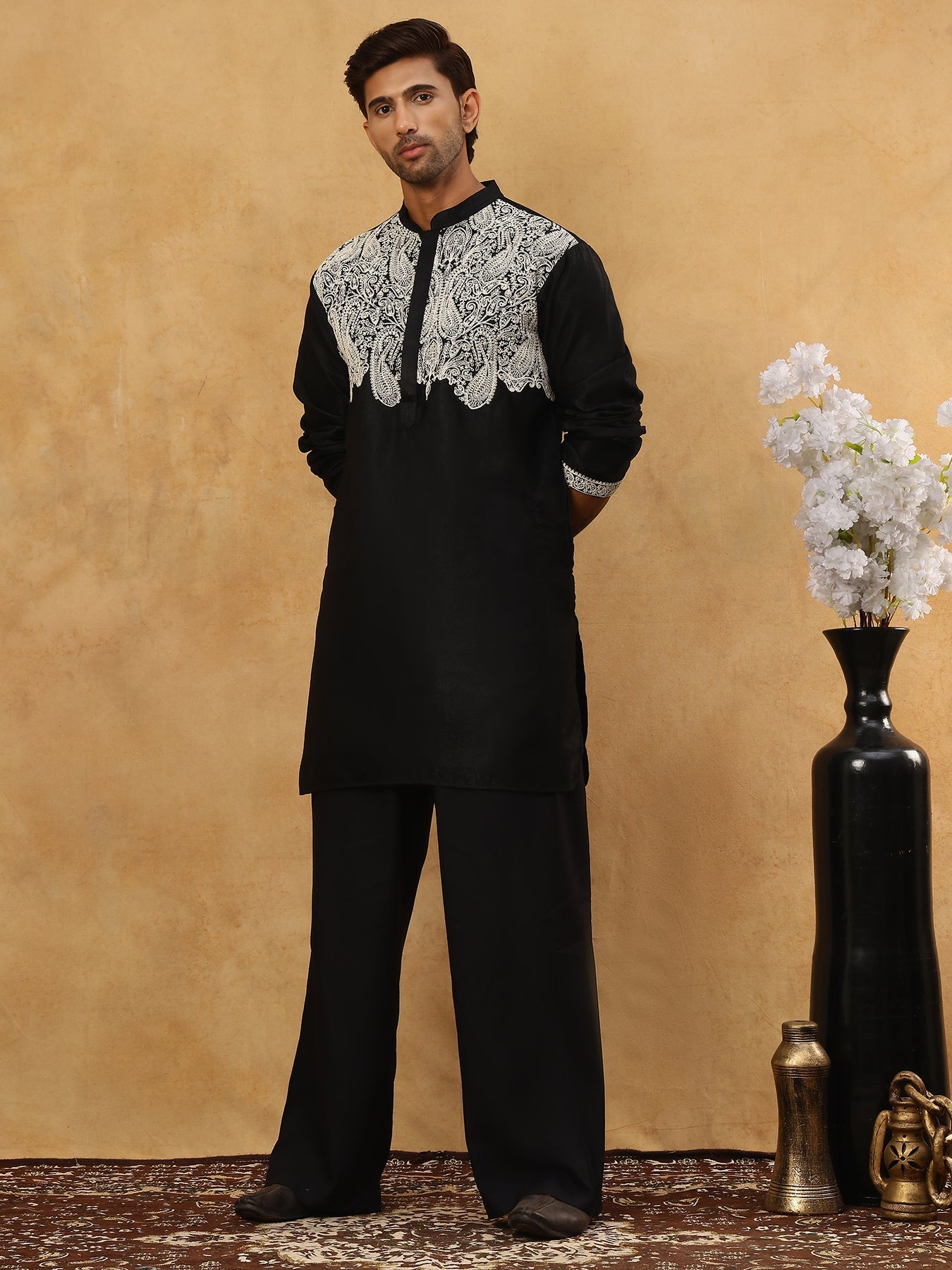 Silk Blend Embroidered Kurta Pyjama Set ( 65KP PJ11B 5465Black )