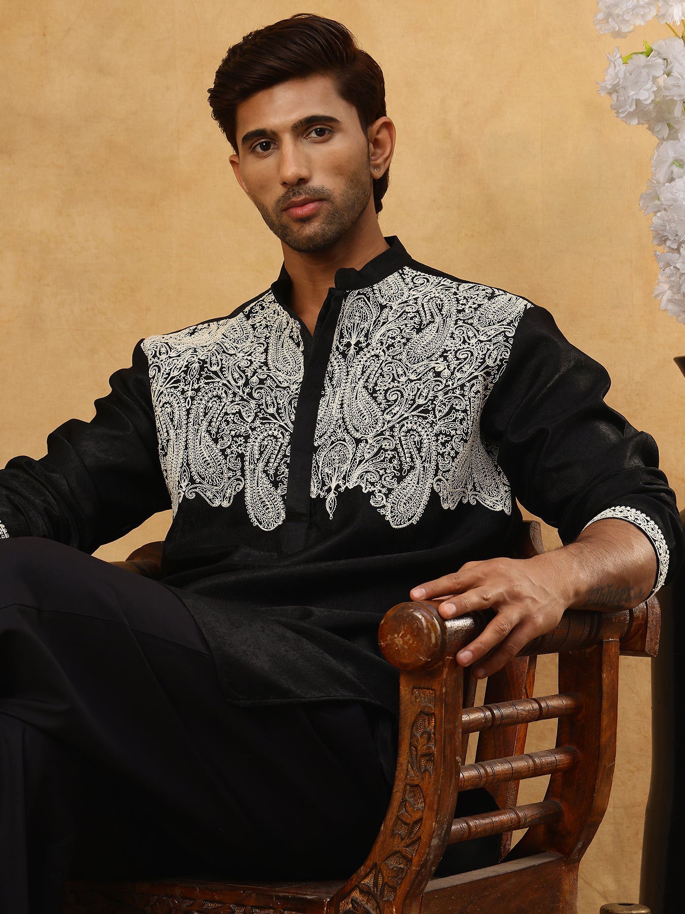 Silk Blend Embroidered Kurta Pyjama Set ( 65KP PJ11B 5465Black )