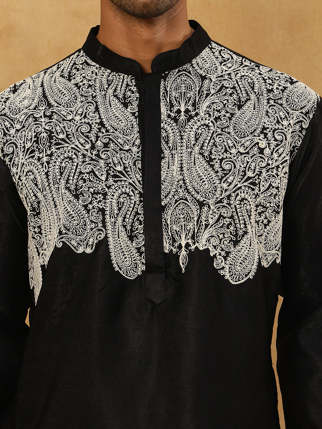 Silk Blend Embroidered Kurta Pyjama Set ( 65KP PJ11B 5465Black )