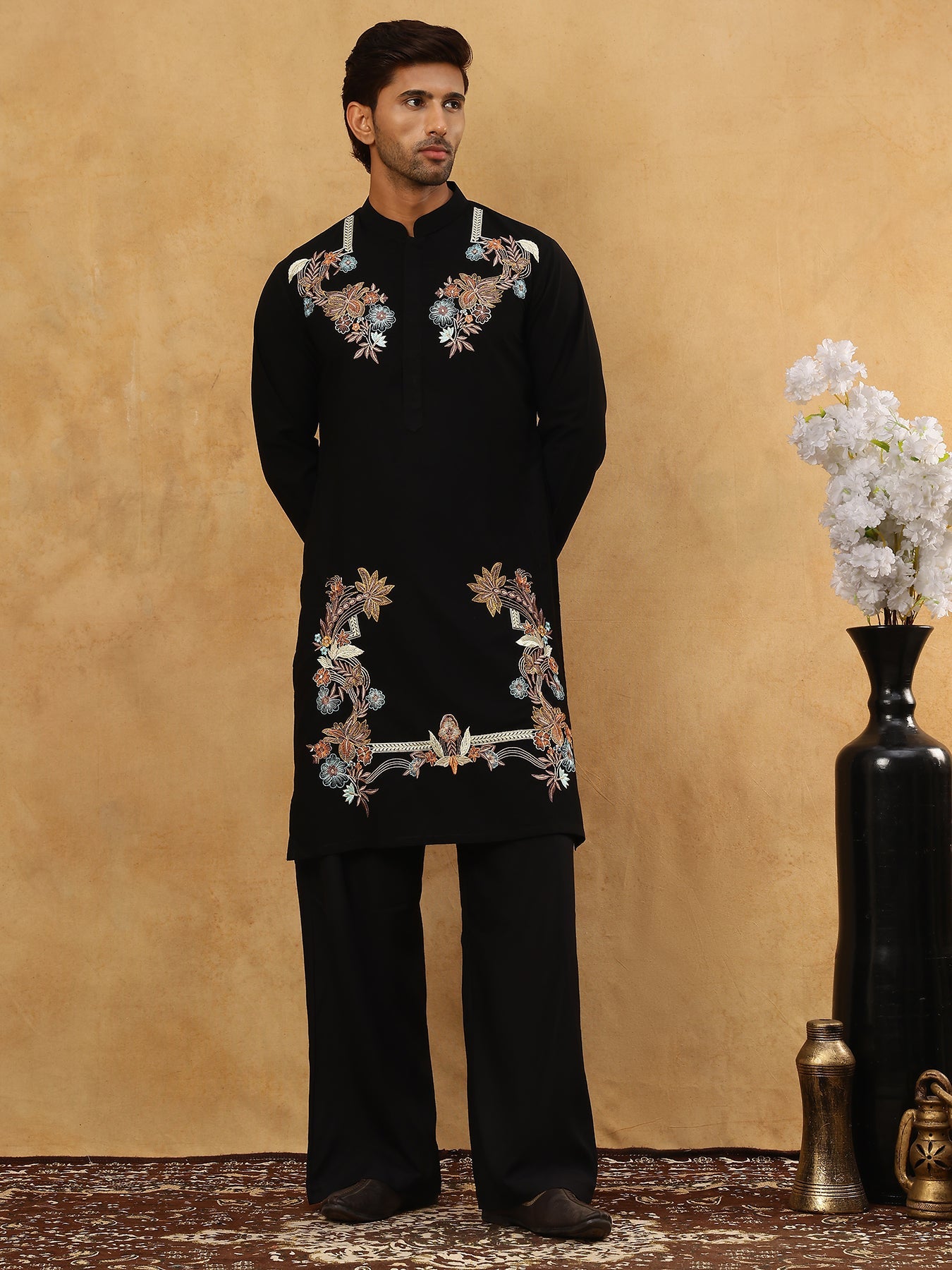 Japanese Imported Fabric Embroidered Kurta Set ( 65KP PJ11B 5499Black )