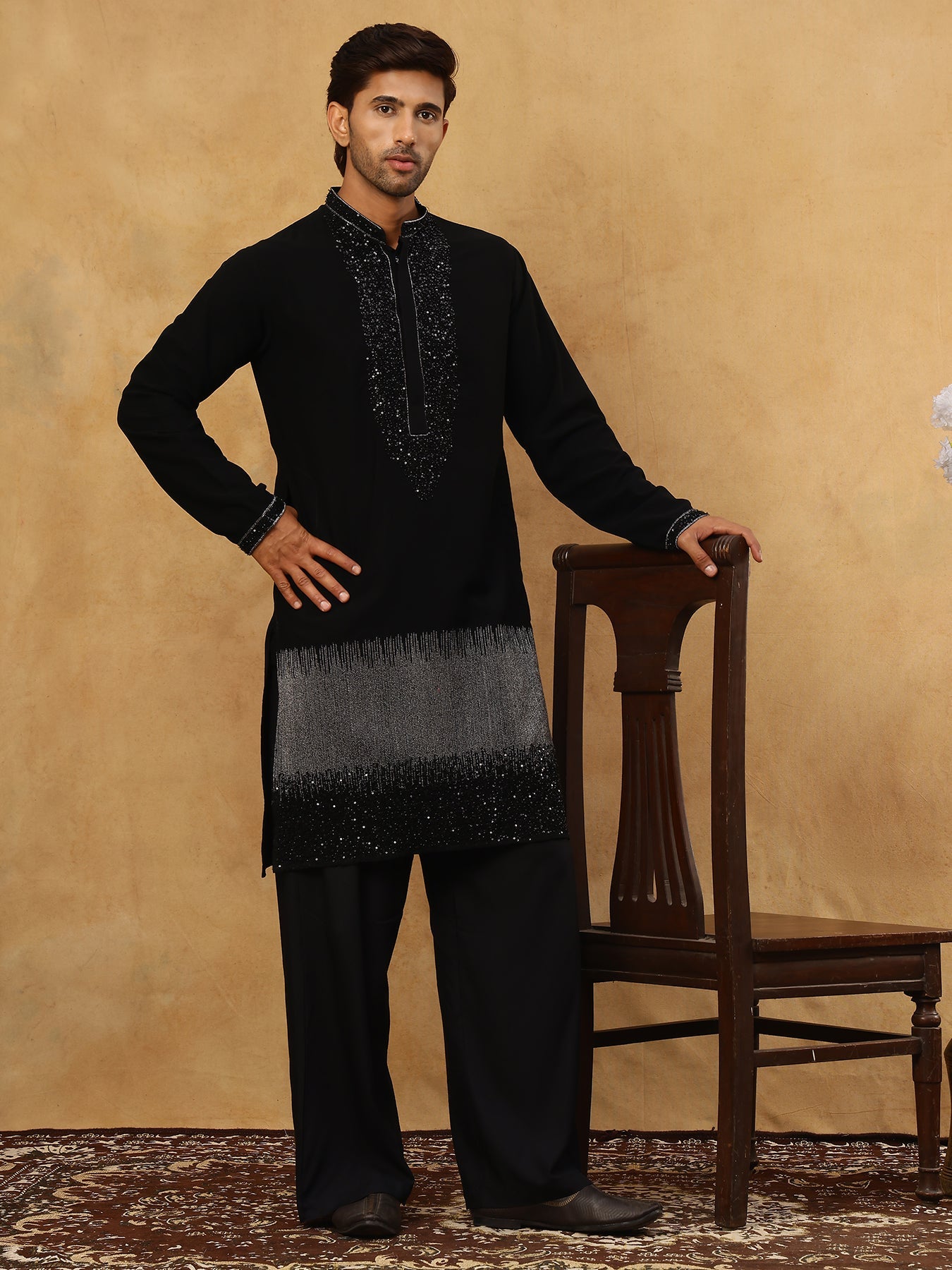 Japanese Imported Embroidered Kurta Set ( 65KP PJ11B 5502Black )
