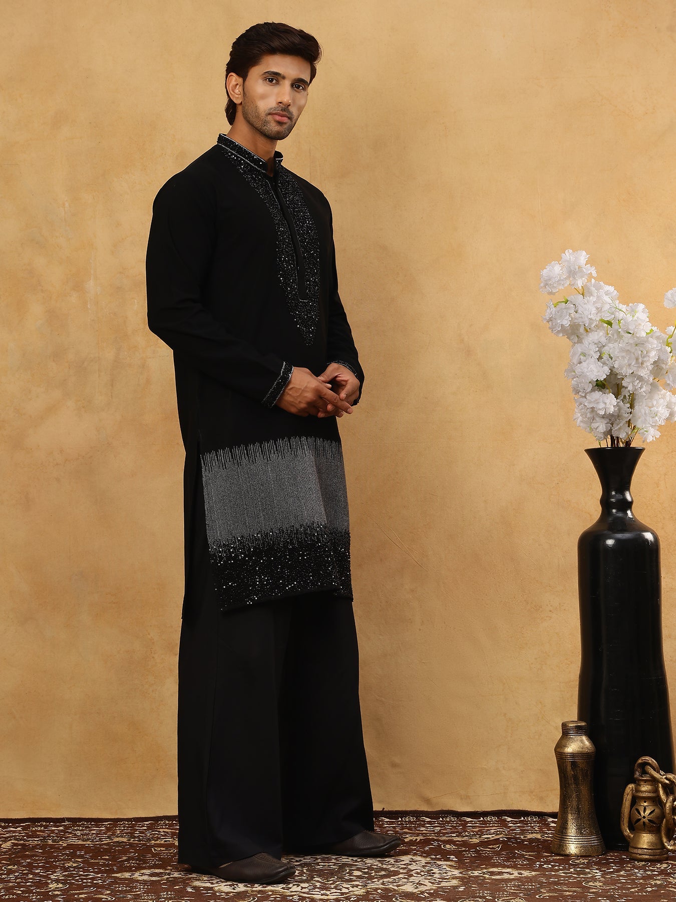 Japanese Imported Embroidered Kurta Set ( 65KP PJ11B 5502Black )